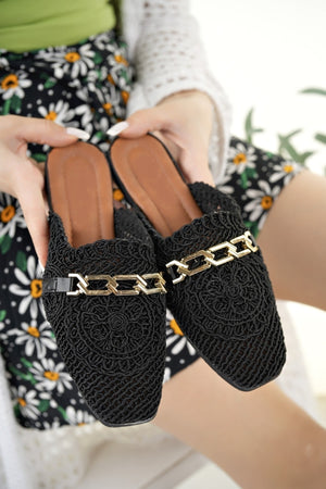 Women'S Closed Front Straw Slippers Black Lace Knitted Chain Dowry Daily Slippers
