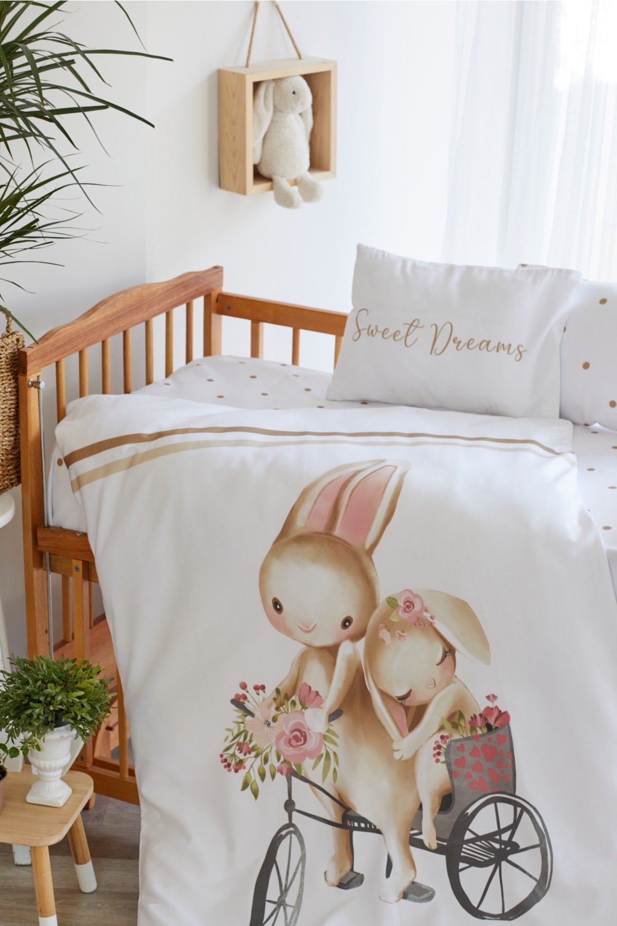 Organic Printed Cotton Satin Baby Duvet Cover Set - Polka Dot And Rabbit Themed