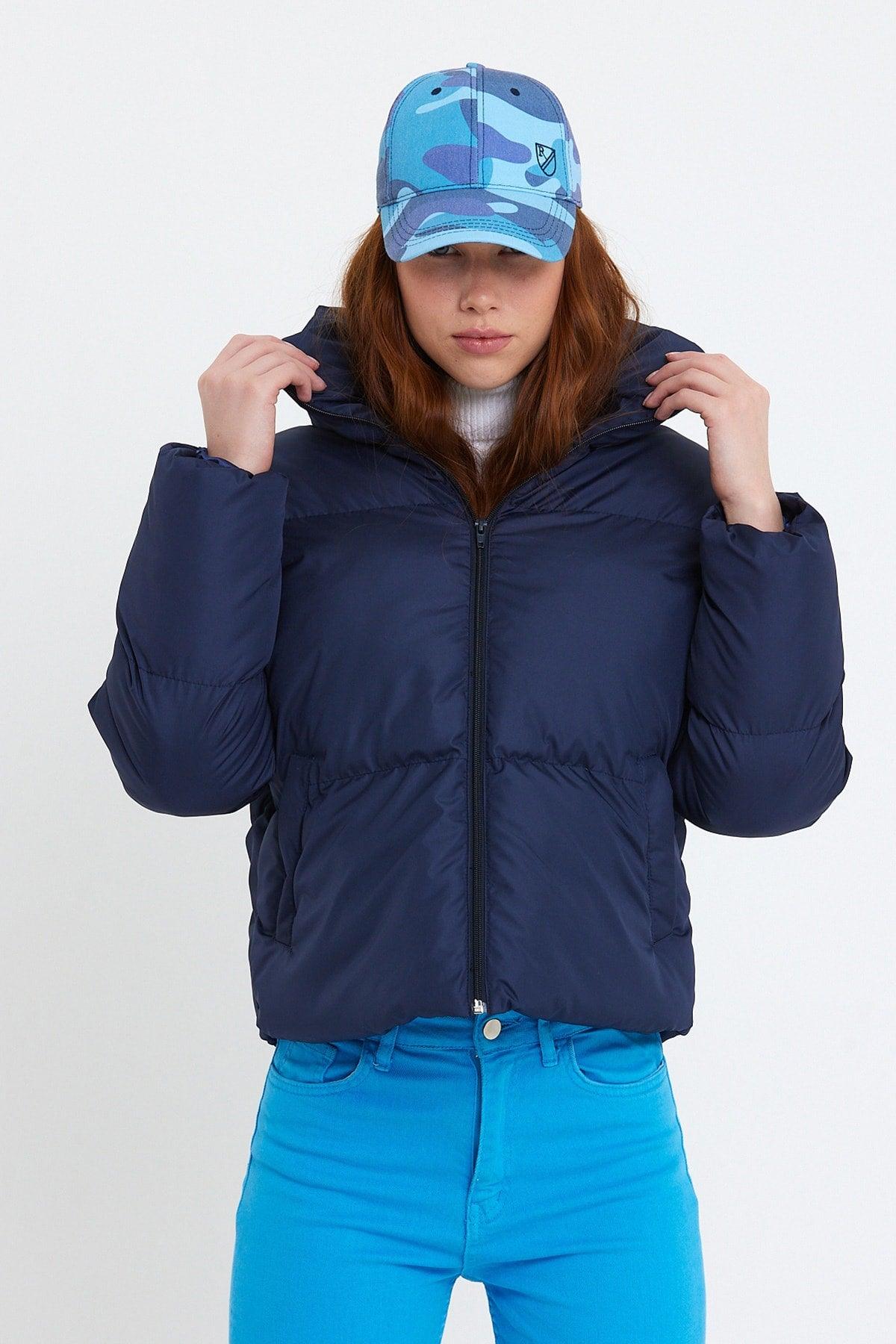 Women's Navy Blue Owersize Filled Inflatable Waterproof Coat Tbg069 - Swordslife