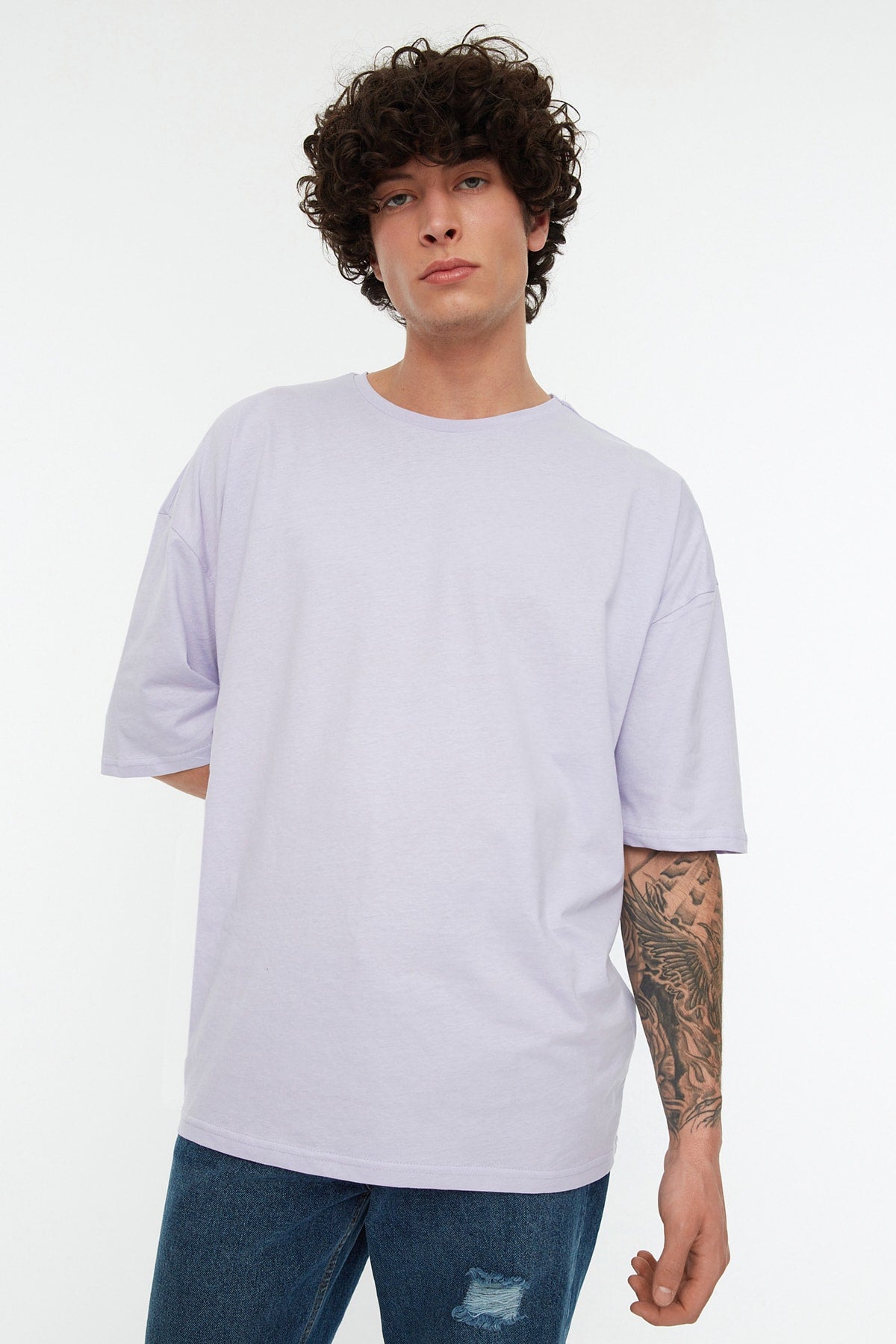 Lilac Men'S Oversize Basic Crew Neck Short Sleeved 100% Cotton T-Shirt Tmnss22Ts0318