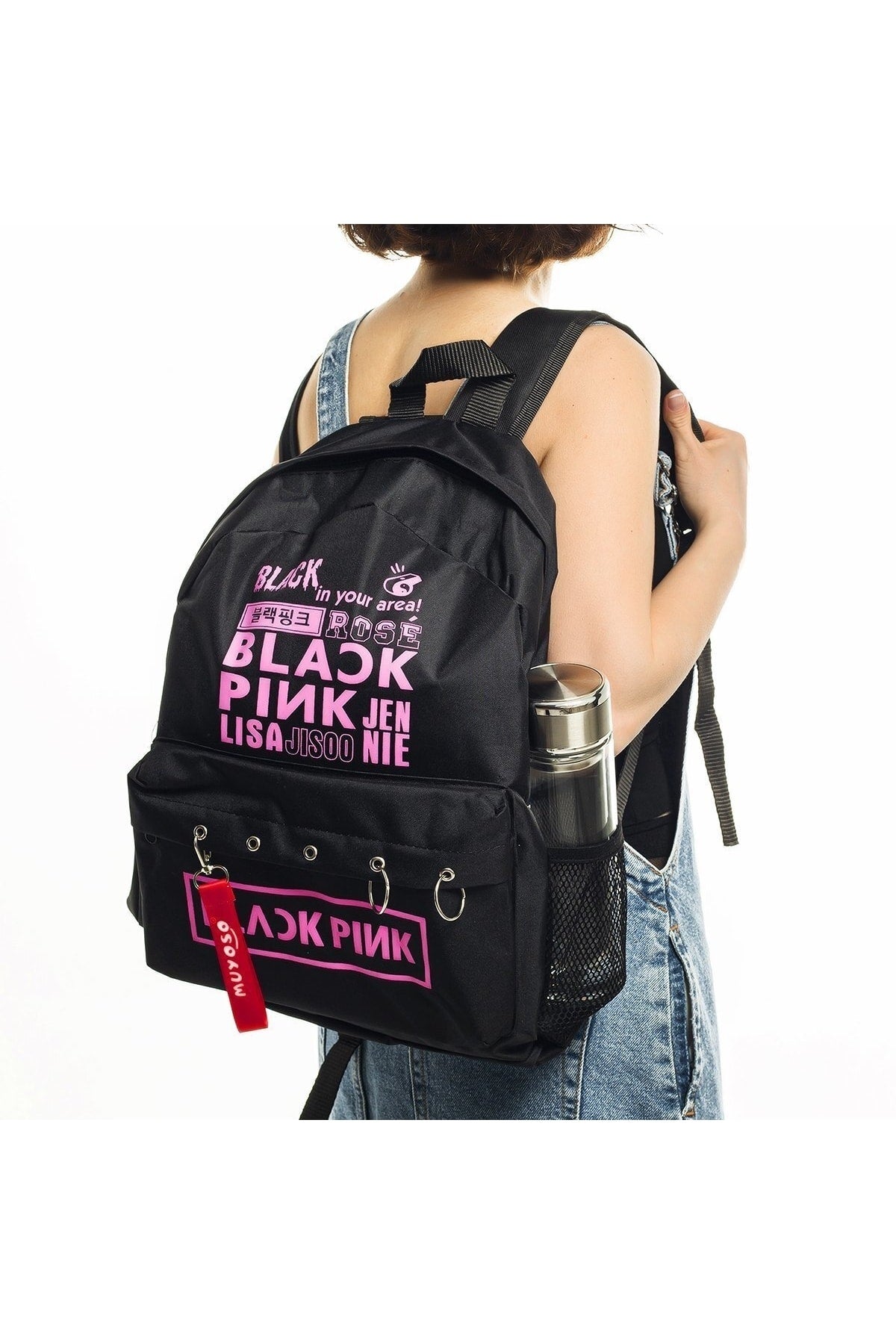 Black Pink Printed Laptop Backpack with Piercing