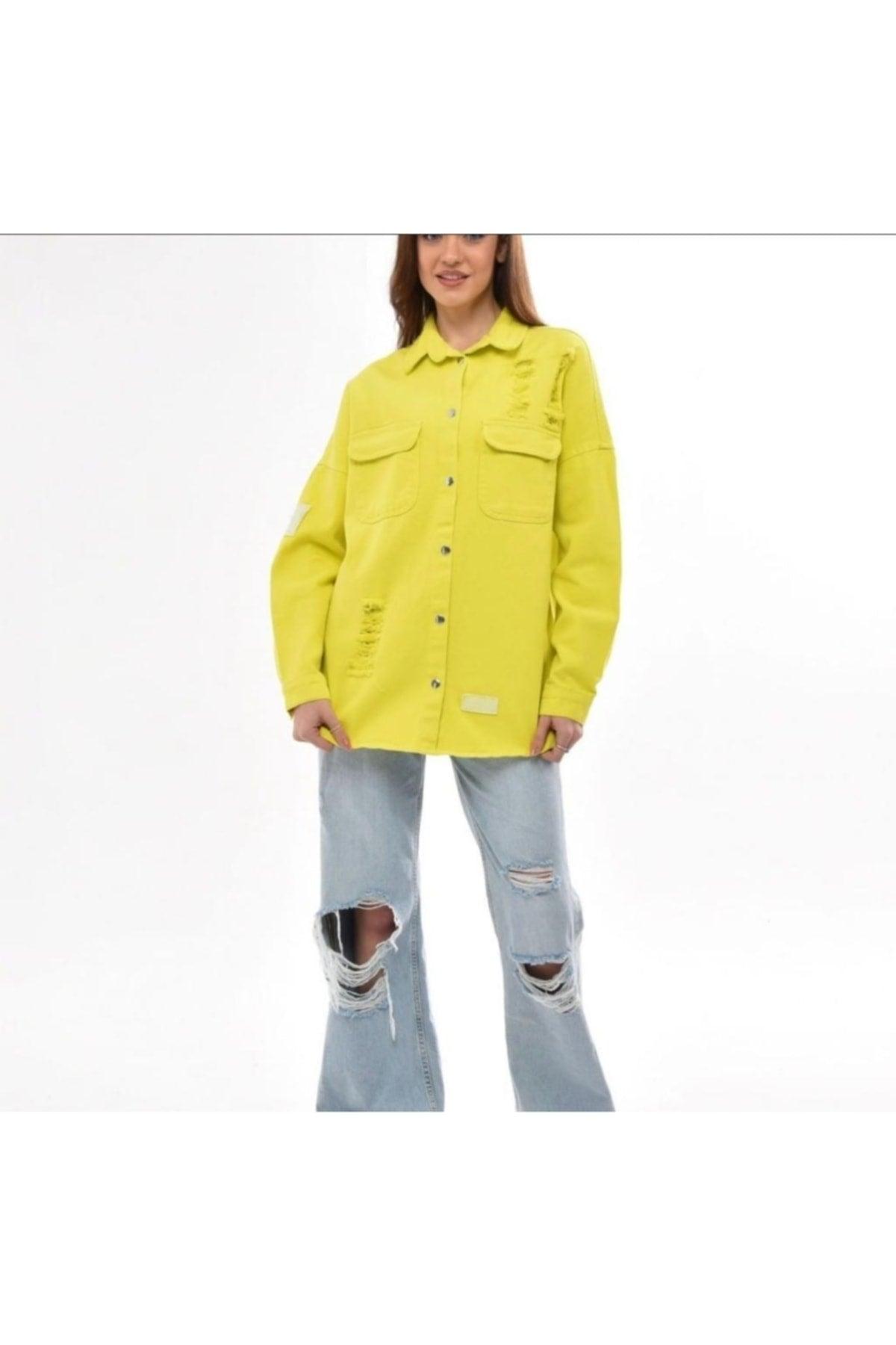 Women's Neon Yellow Boyfriend Oversize Vintage Denim Jeans Denim Jacket A36-011 - Swordslife