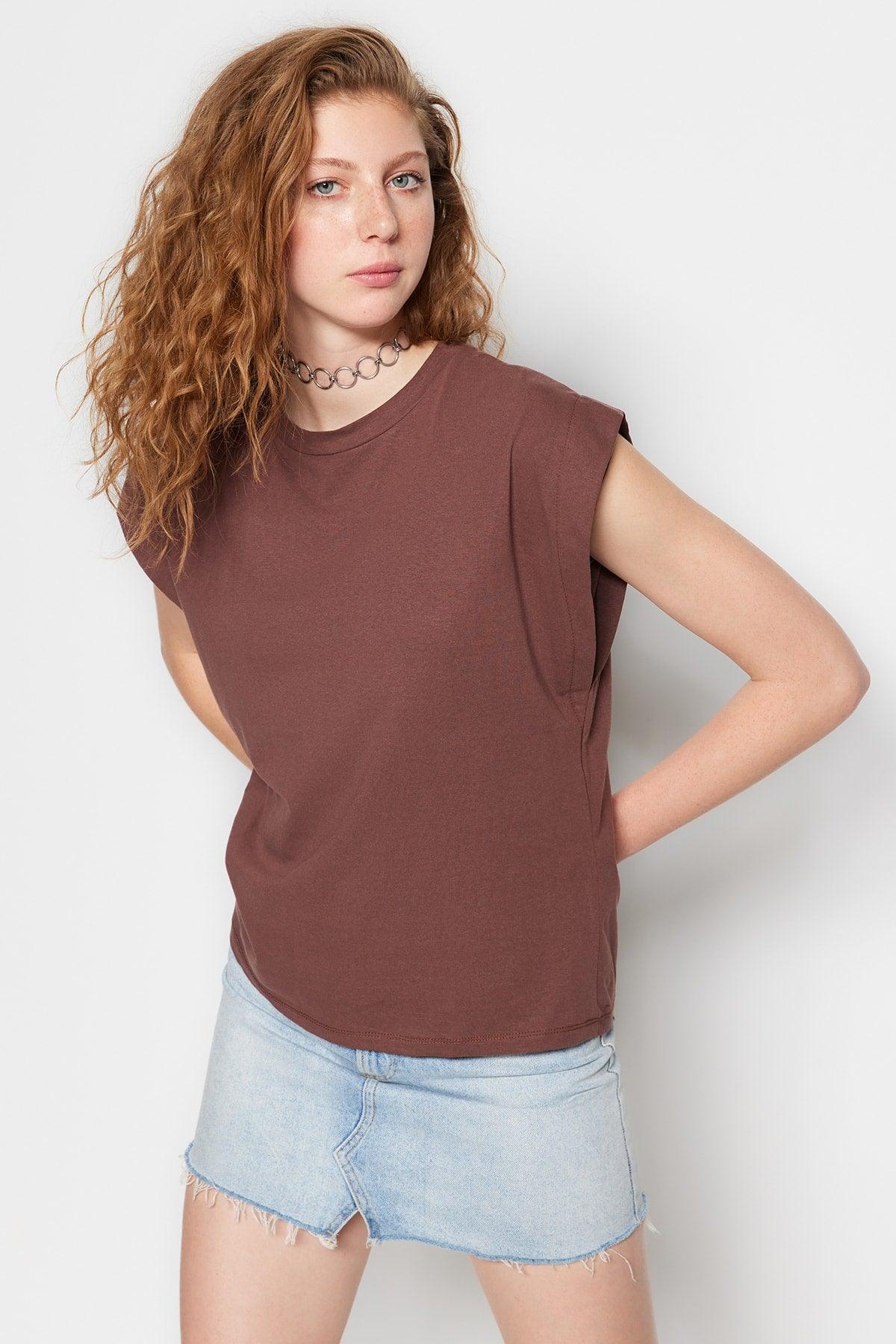 Brown 100% Cotton Wadding Look Basic Crew Neck Knitted T-Shirt TWOSS20TS0021 - Swordslife