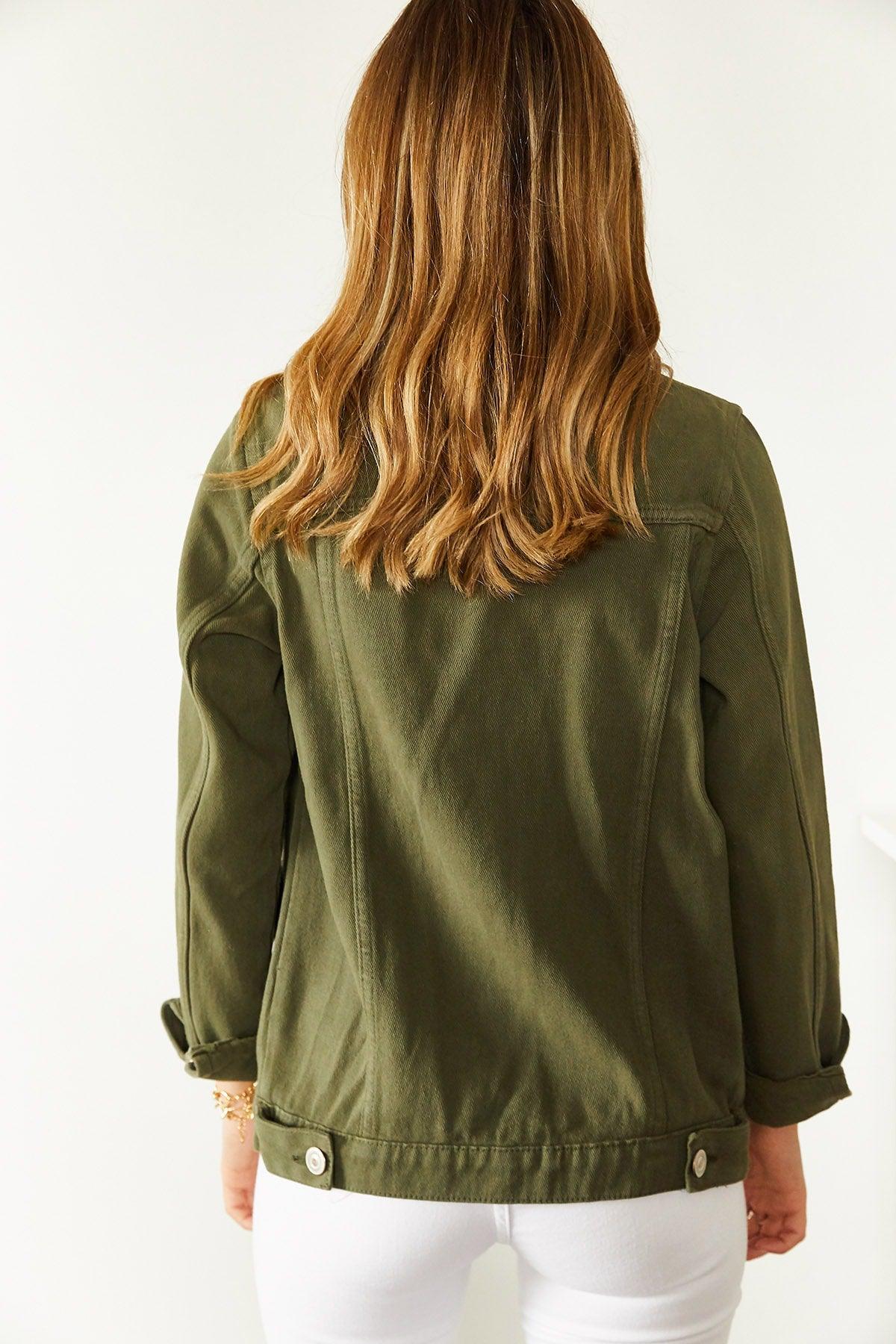 Women's Khaki Denim Jacket 8YXK4-30628-09 8699430628091 - Swordslife