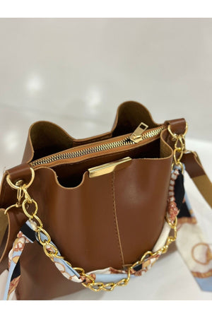 Women'S Tobacco Scarf Chain Accessory Soft Leather 3-Compartment Hand, Arm And Shoulder Bag