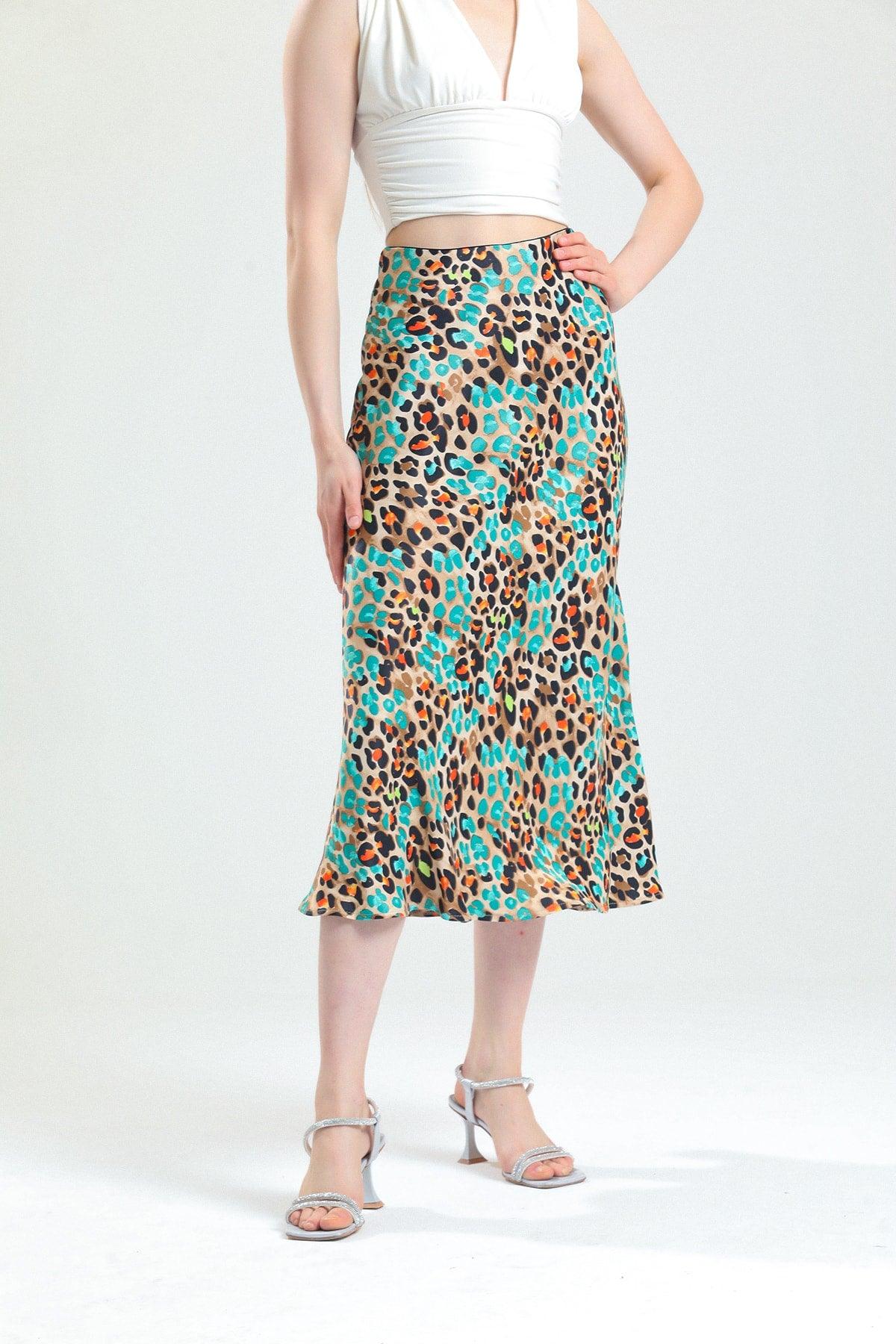 Patterned Viscose Midi Length Satin Skirt - Turquoise - Swordslife