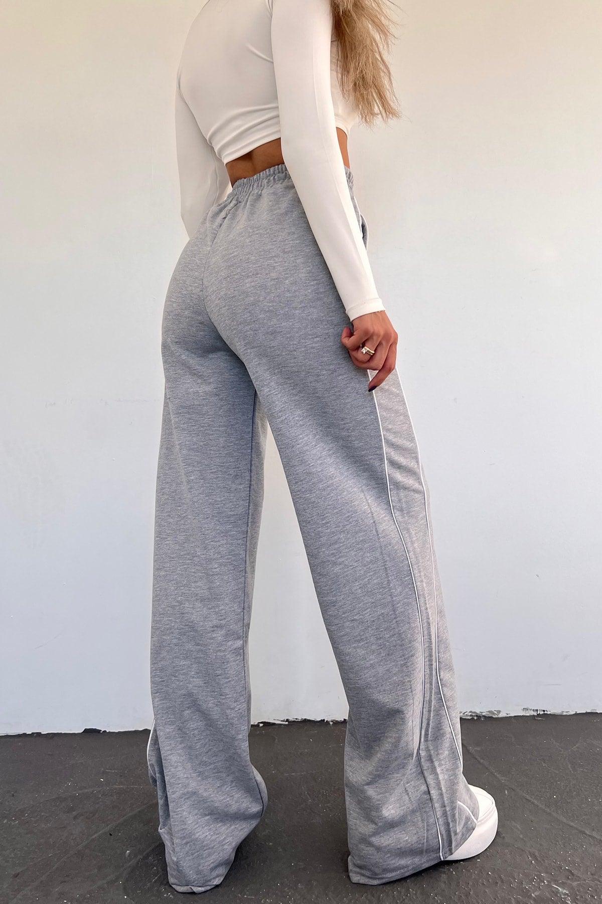 Women's Gray Wide Leg Two Yarn Elastic Waist Sweatpants - Swordslife