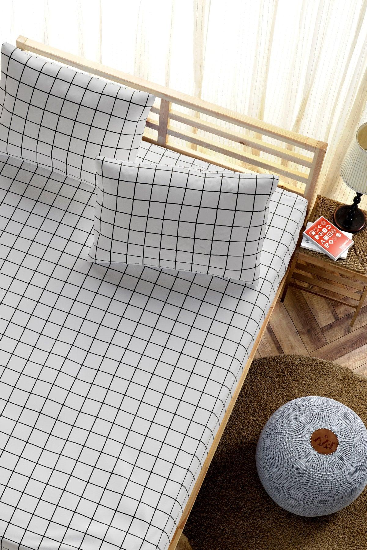 Double Elastic Bed Sheet + Pillowcase - Mini Plaid White Black - Swordslife