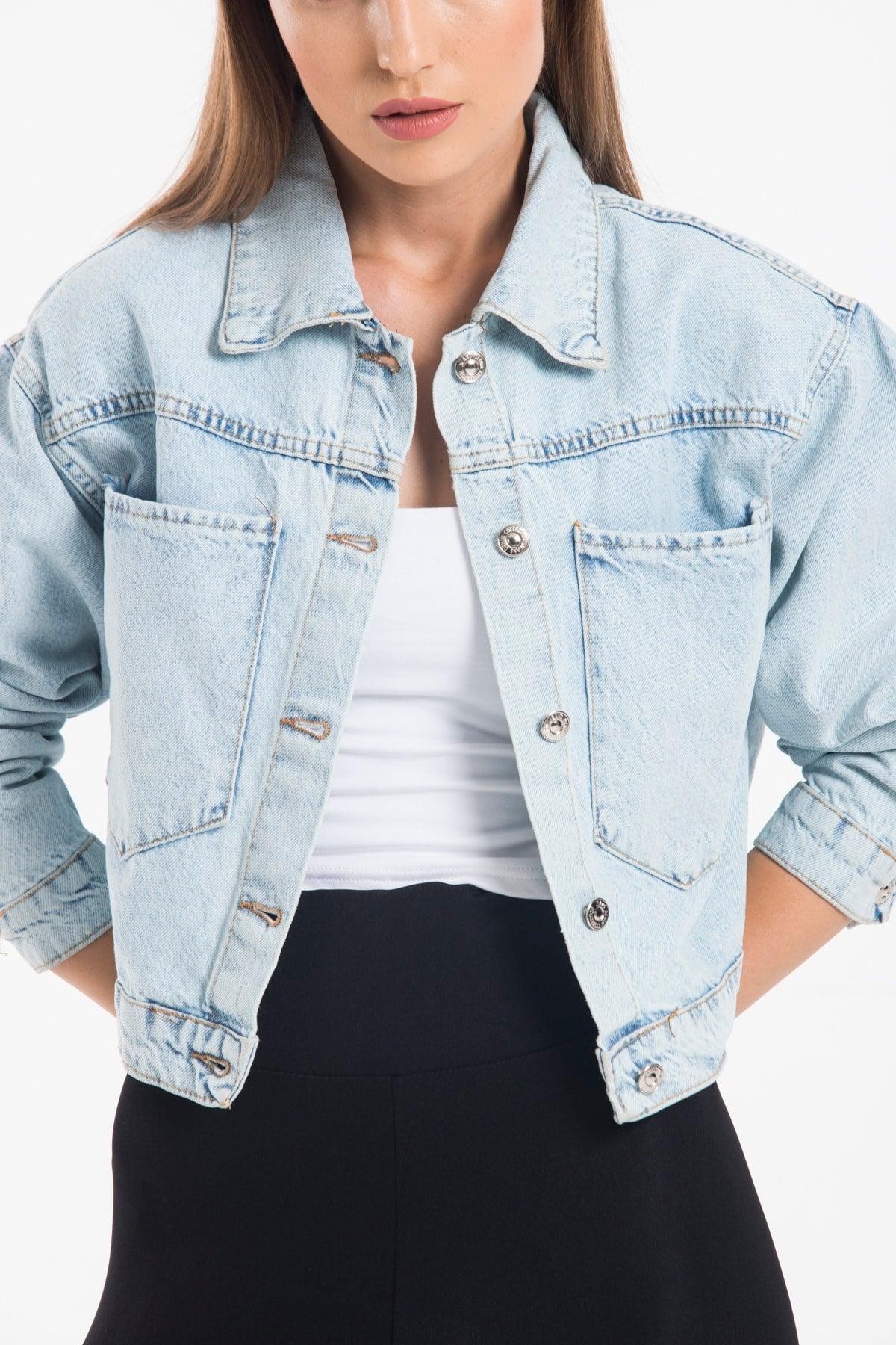 Women's Blue Big Pocket Denim Jacket - Swordslife