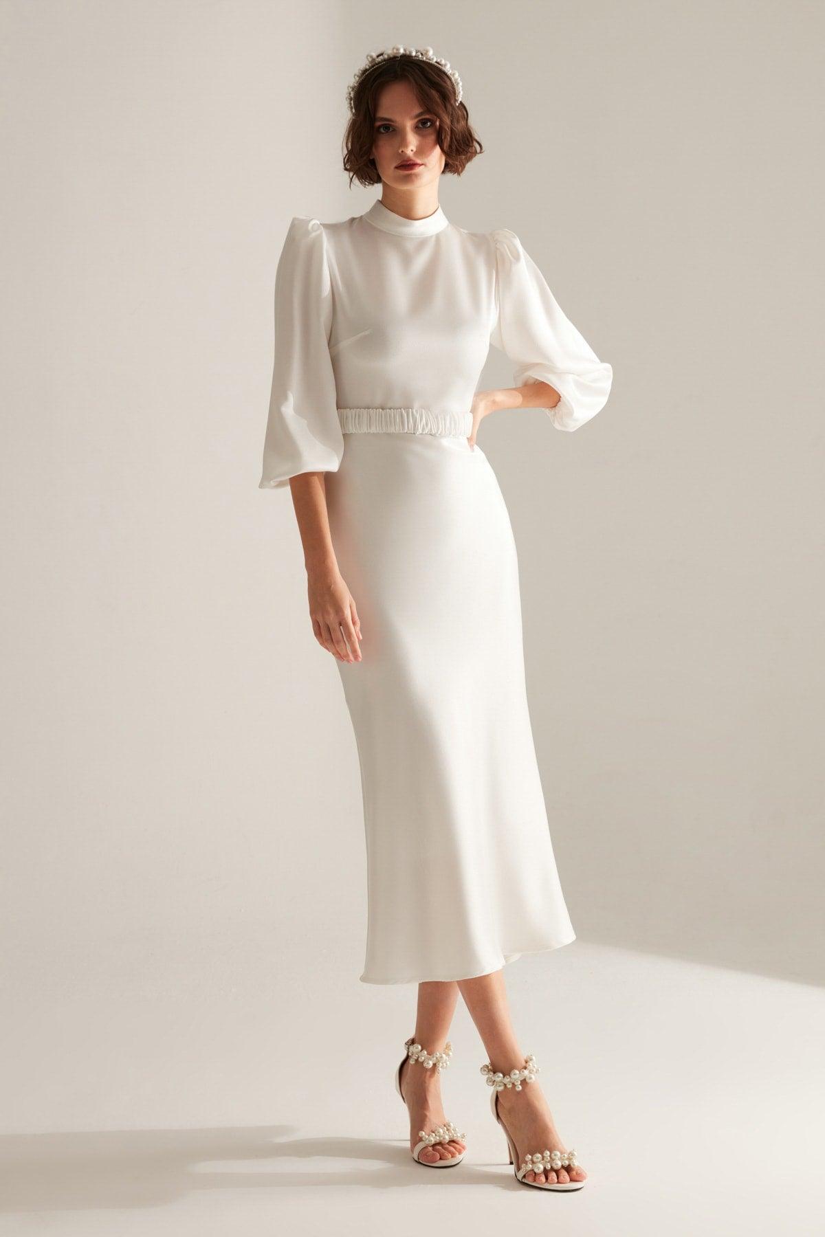 Judge Collar White Long Balloon Sleeve Evening Dress - Swordslife