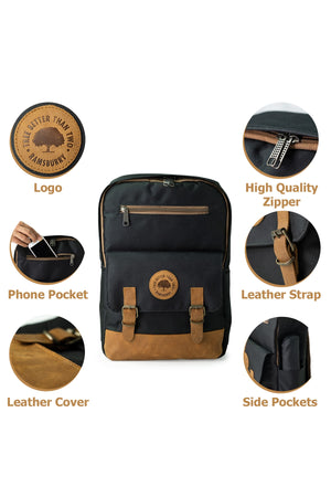 Unisex Black 100% Genuine Leather Detailed Waterproof 15.6 Inch Multi-Compartment Backpack With Laptop Compartment