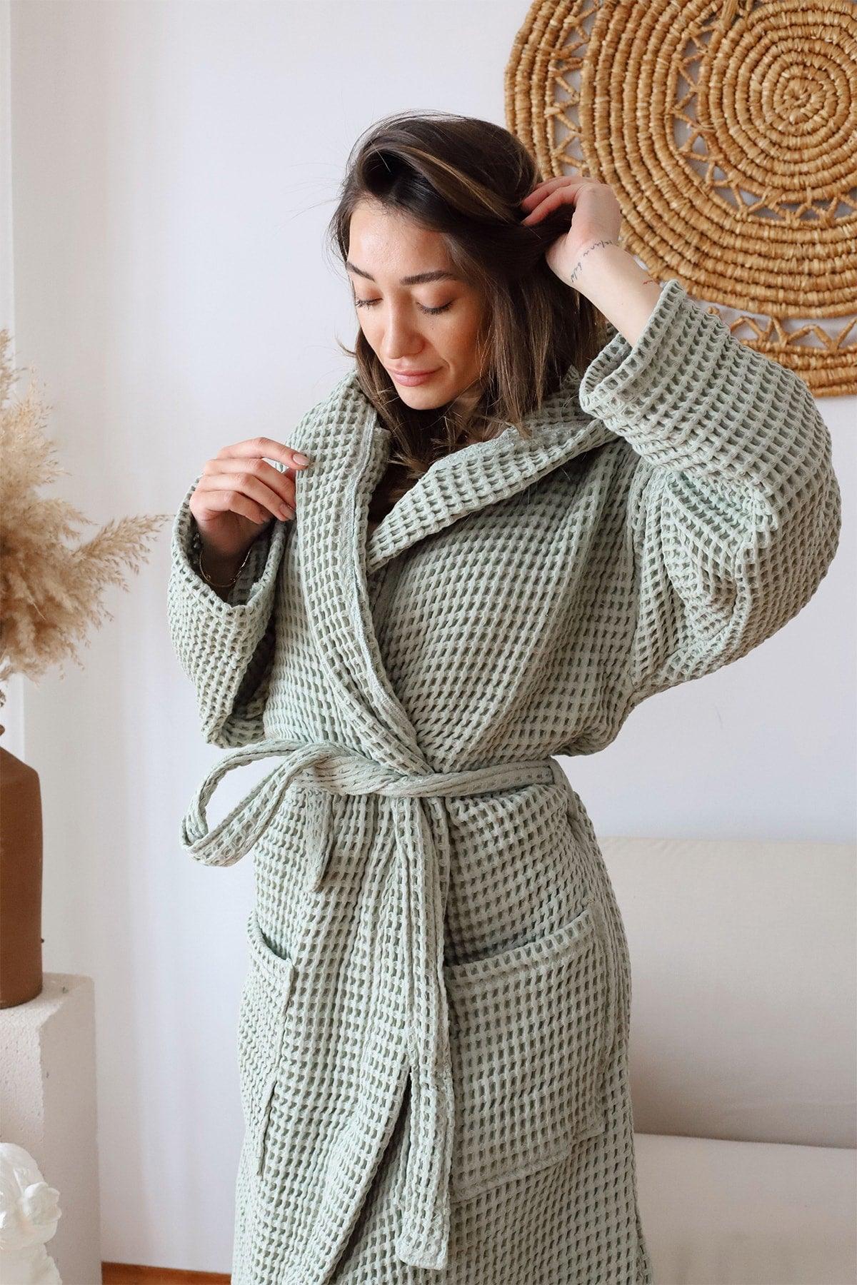 Waffle Adult Bathrobe Soft Pique Fabric Hooded Sage Green - Swordslife