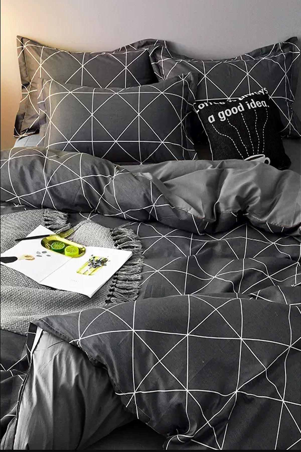 Duvet Cover Set Double Premium Cotton Geometric Gray - Swordslife