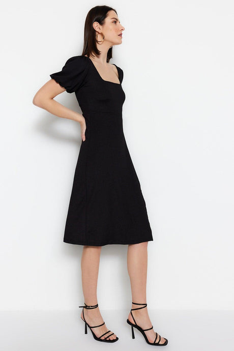 Black Square Neck Balloon Sleeve A-Line Slit Detailed Midi Knitted Dress TWOSS23EL01533 - Swordslife