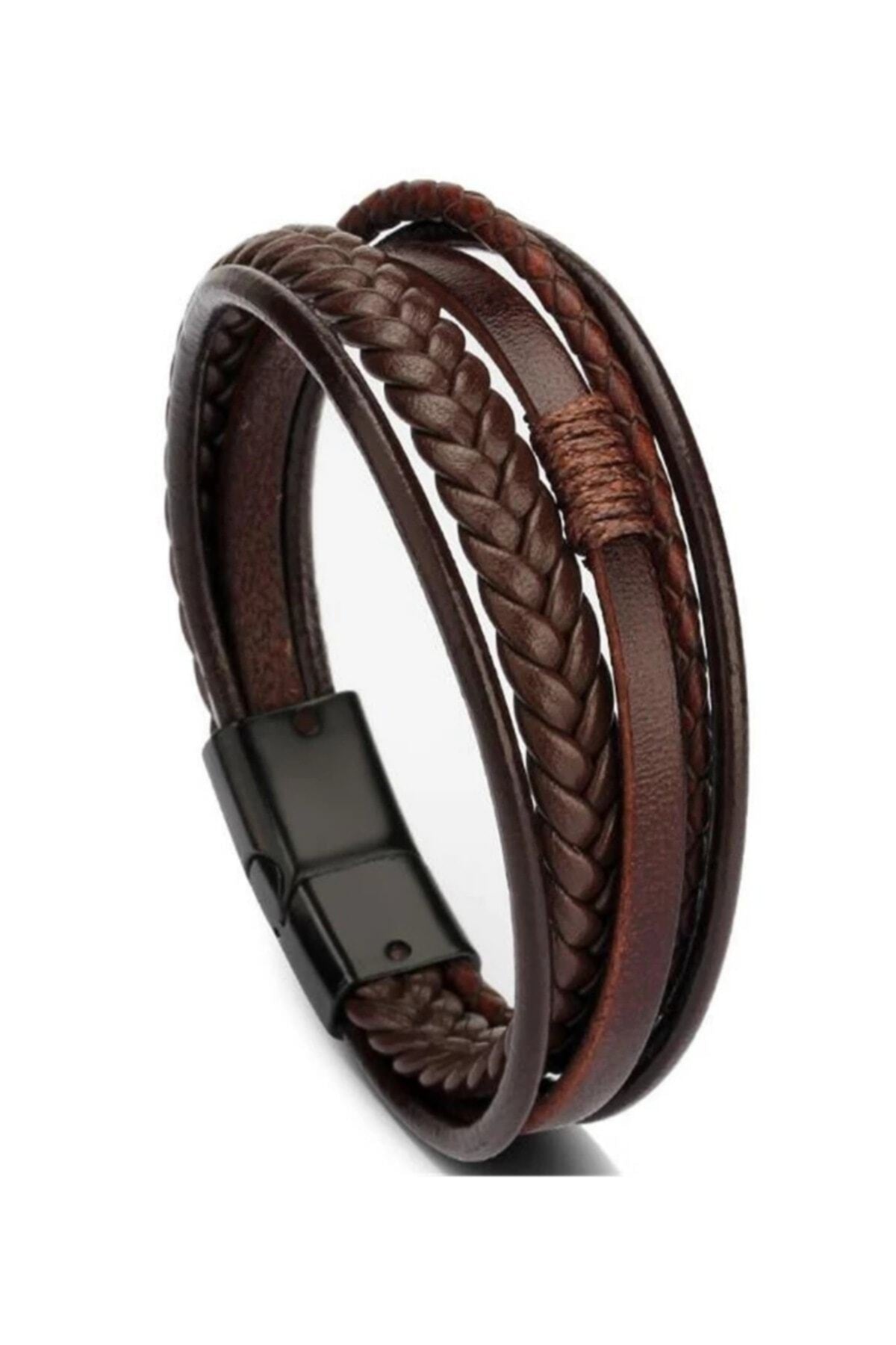 Men'S Genuine Leather Bracelet Brown Color Magnetic Clasp Braided Bracelet