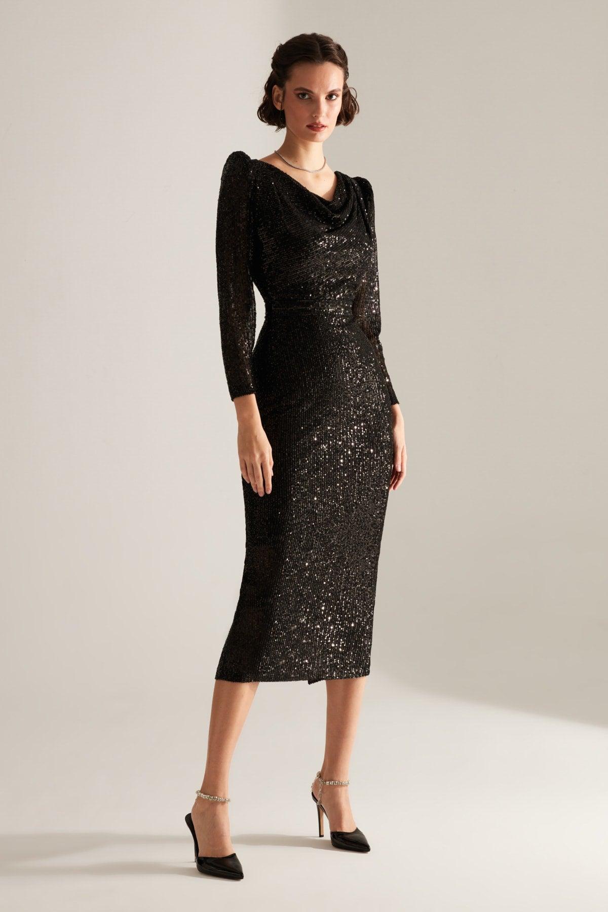 Degaje Collar Pencil Skirt Black Glitter Sequin Engagement Dress - Swordslife