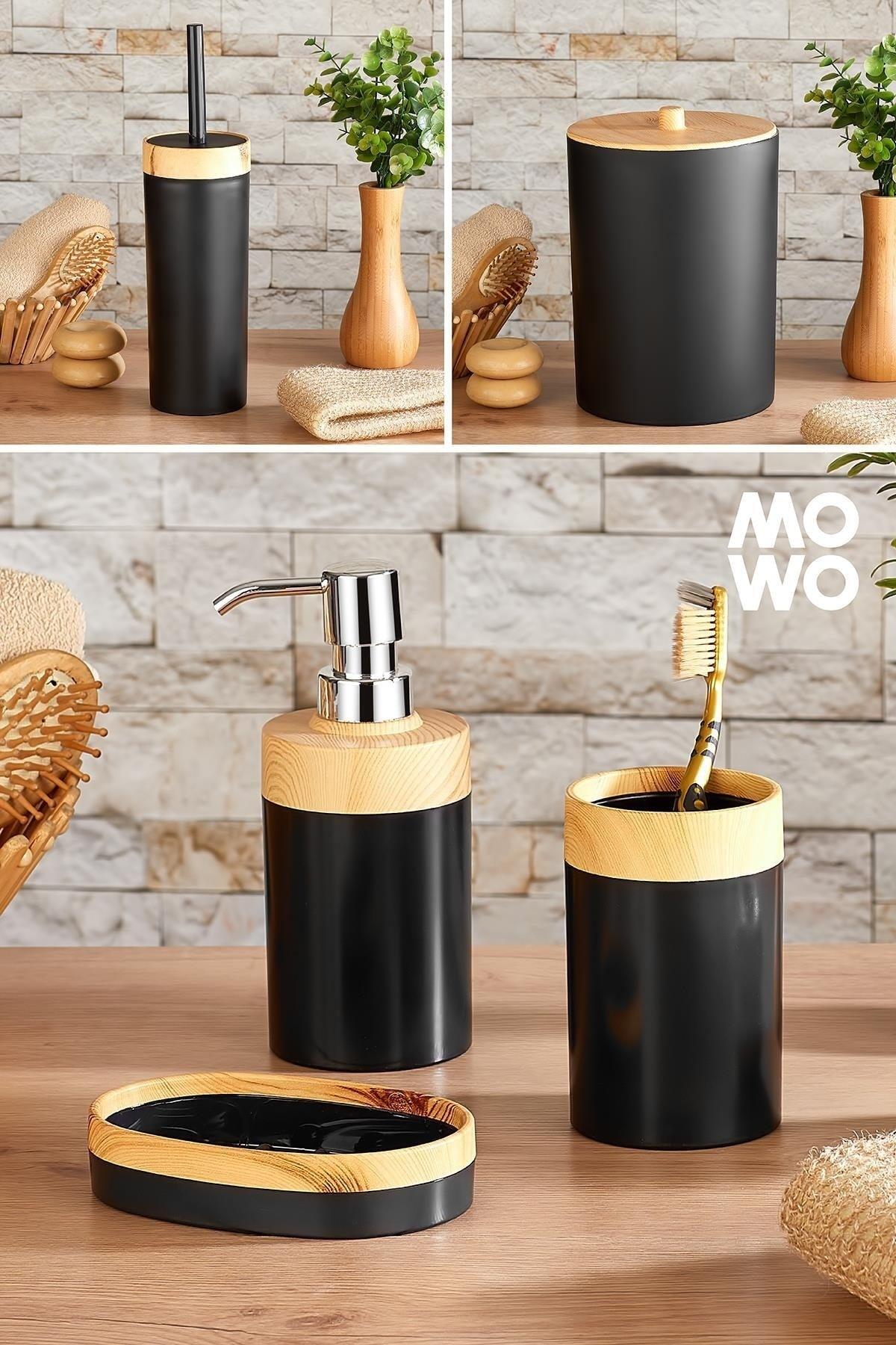 Dona Wooden Patterned 5 Pcs Bathroom Set Black, (Liquid and Solid Soap Dispenser, Toothbrush Holder, Trash Can, Wc Brush) - Swordslife