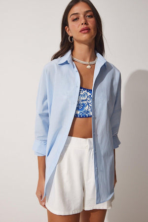 Women's Sky Blue Oversize Long Basic Shirt DD00842 - Swordslife