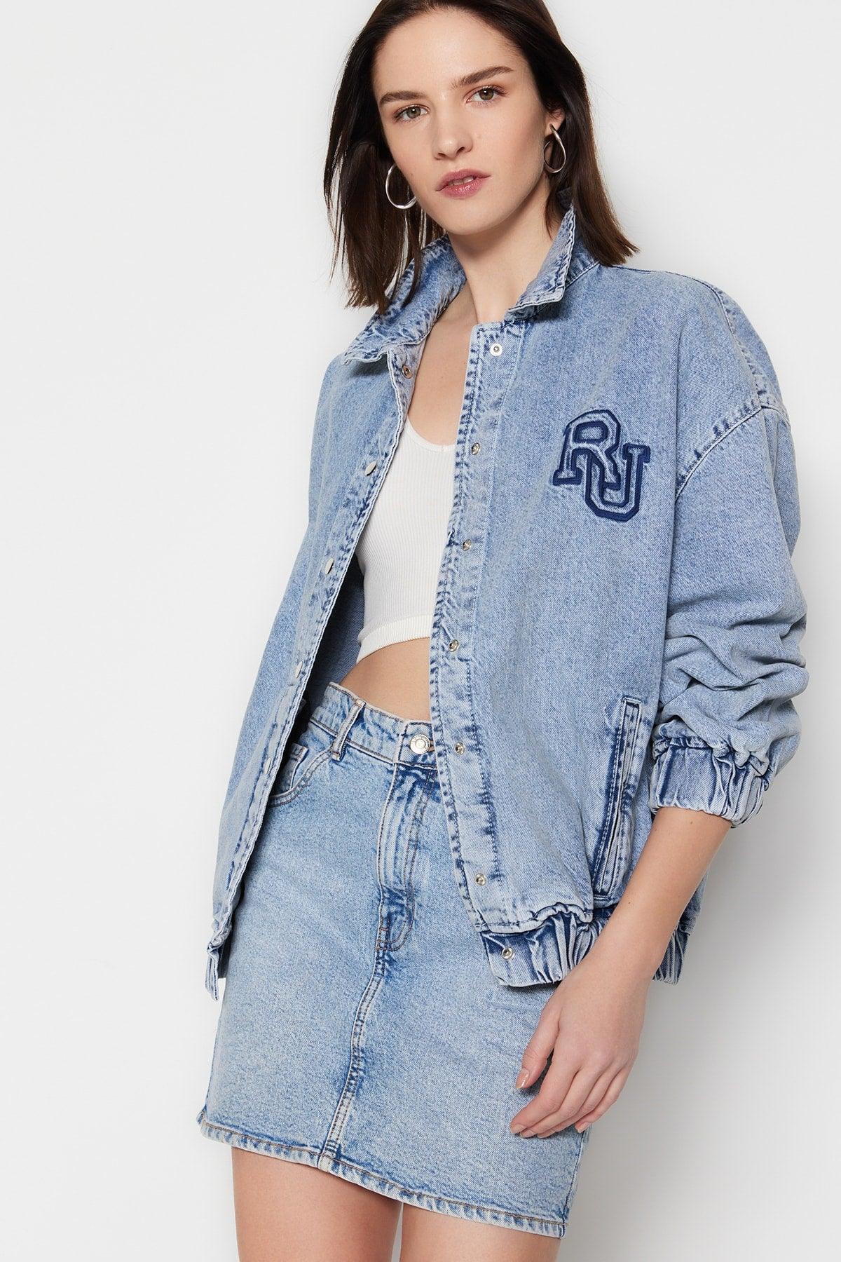 Blue Embroidered Bomber Oversize Denim Jacket TWOSS23CE00047 - Swordslife