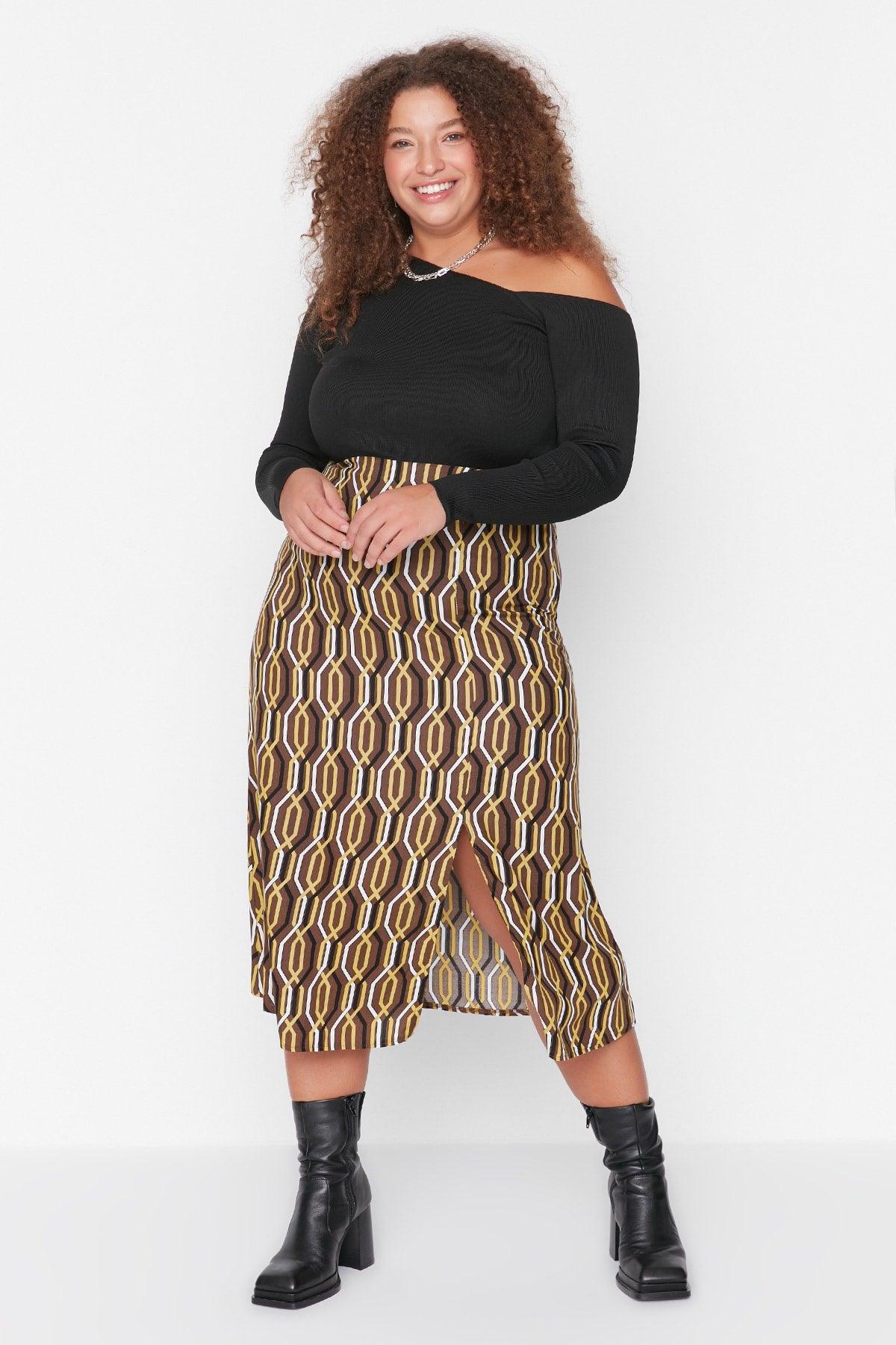 Brown Retro Patterned Slit Viscose Woven Skirt TBBAW23AZ00032 - Swordslife