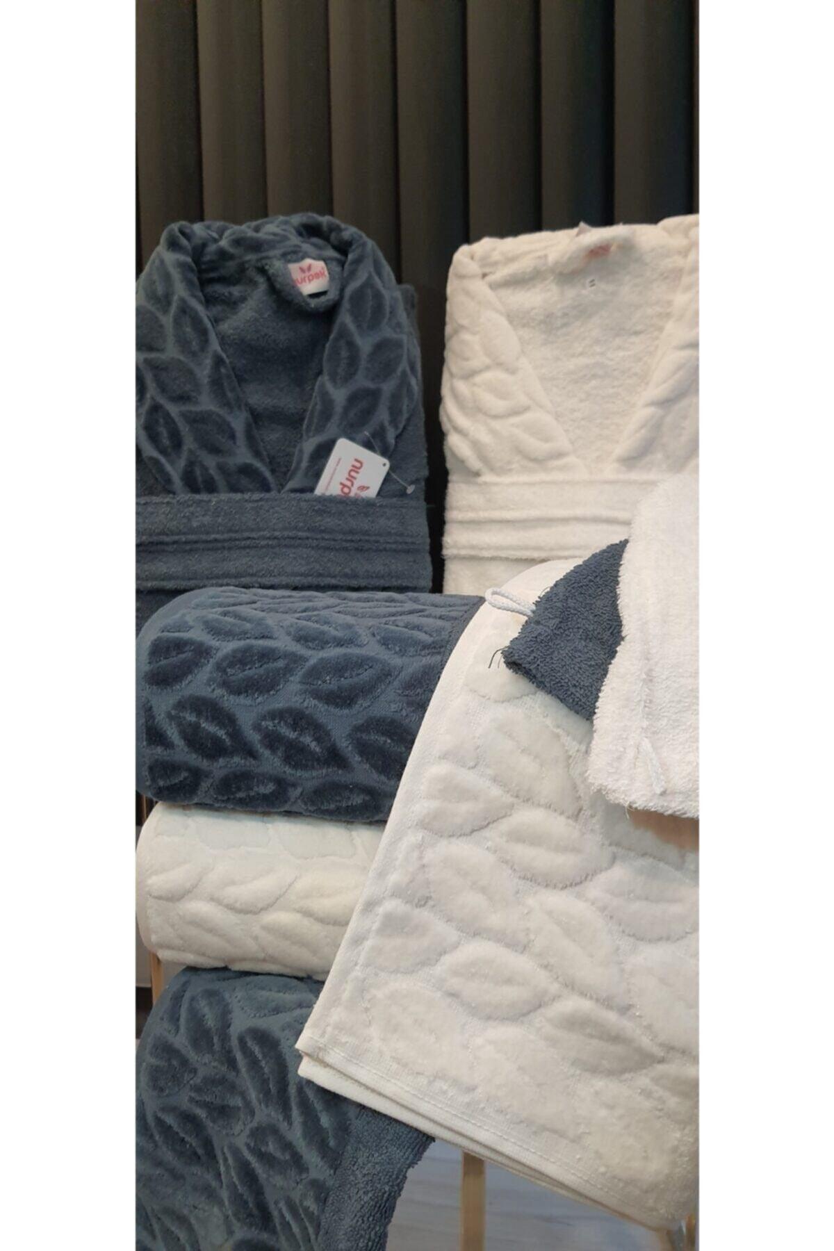 Family Bathrobe Set Hazal 8 Pieces 100% Cotton Indigo-cream Boxed - Swordslife