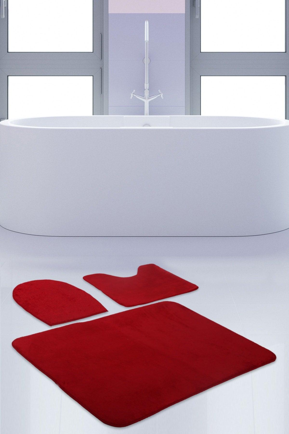 Unicolor Plain Red 3 Piece Bath Mat Rug Set Non-Slip Closet Set - Swordslife