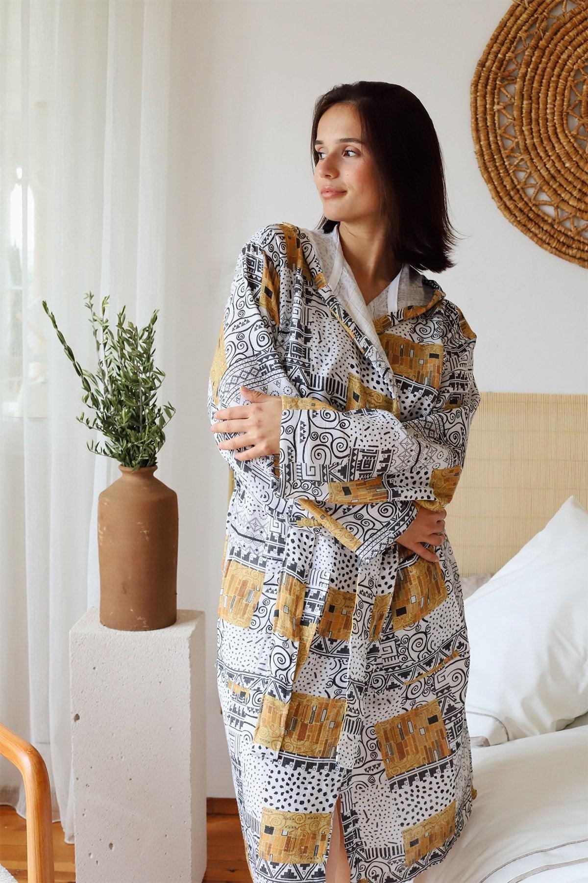 Adult Patterned Muslin Bathrobe, Special Design 100% Cotton 2 Layers Double Sided Hooded - Swordslife