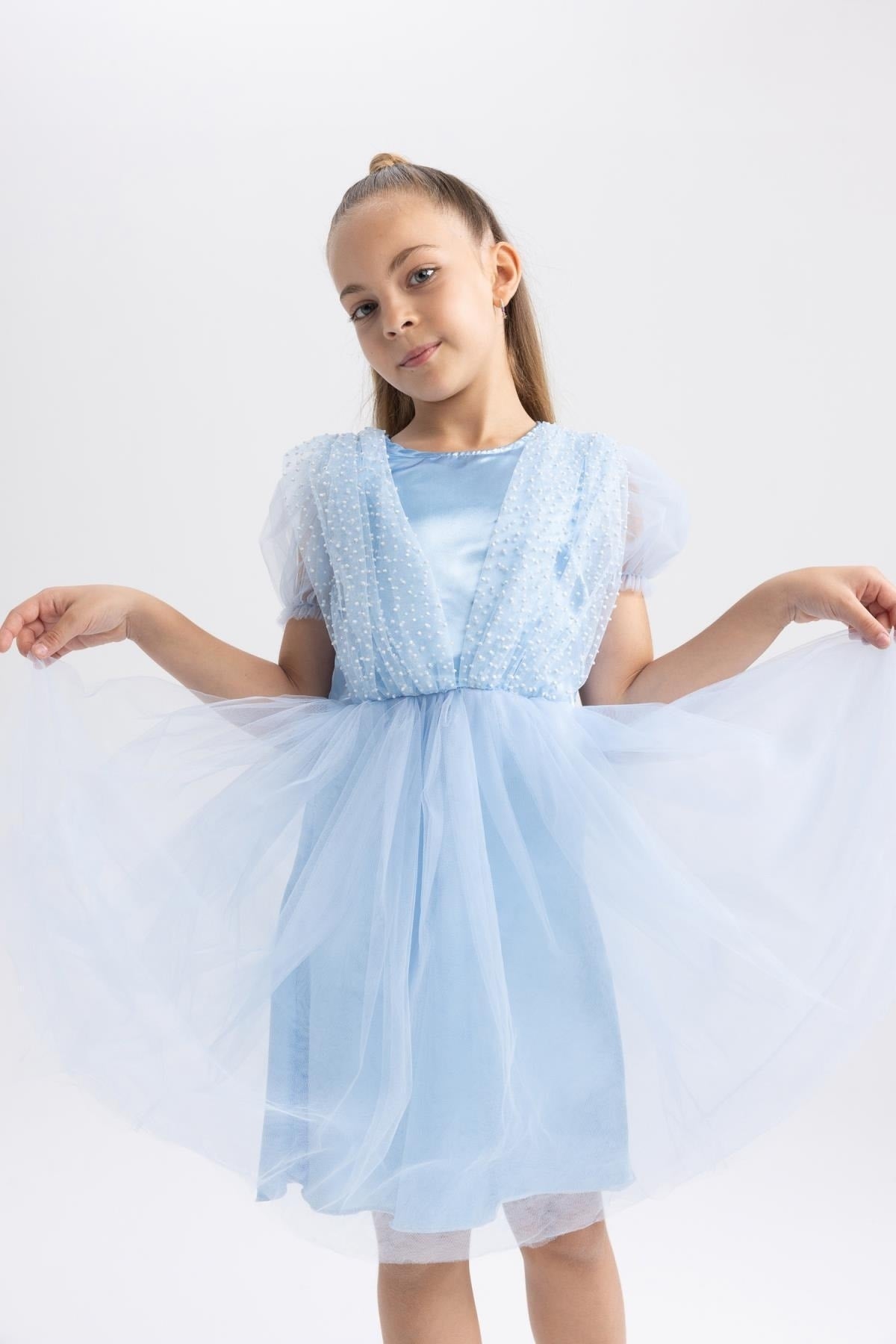 Girl Crew Neck Short Sleeve Tulle Dress