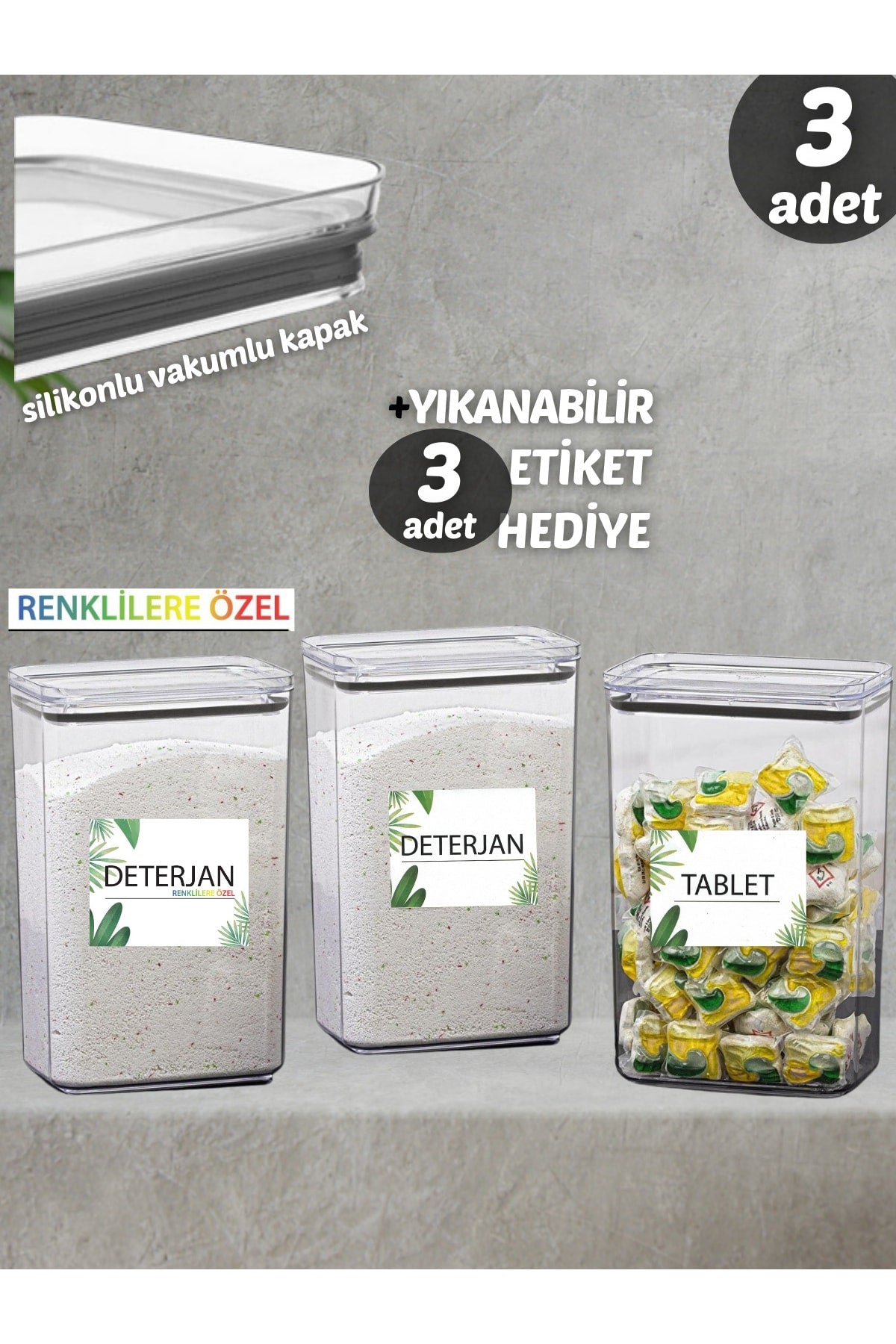 Pcs Detergent Container , Tablet Container Decorative Rectangle 2.9 Lt Vacuum Lid Set Of 3 Storage Box