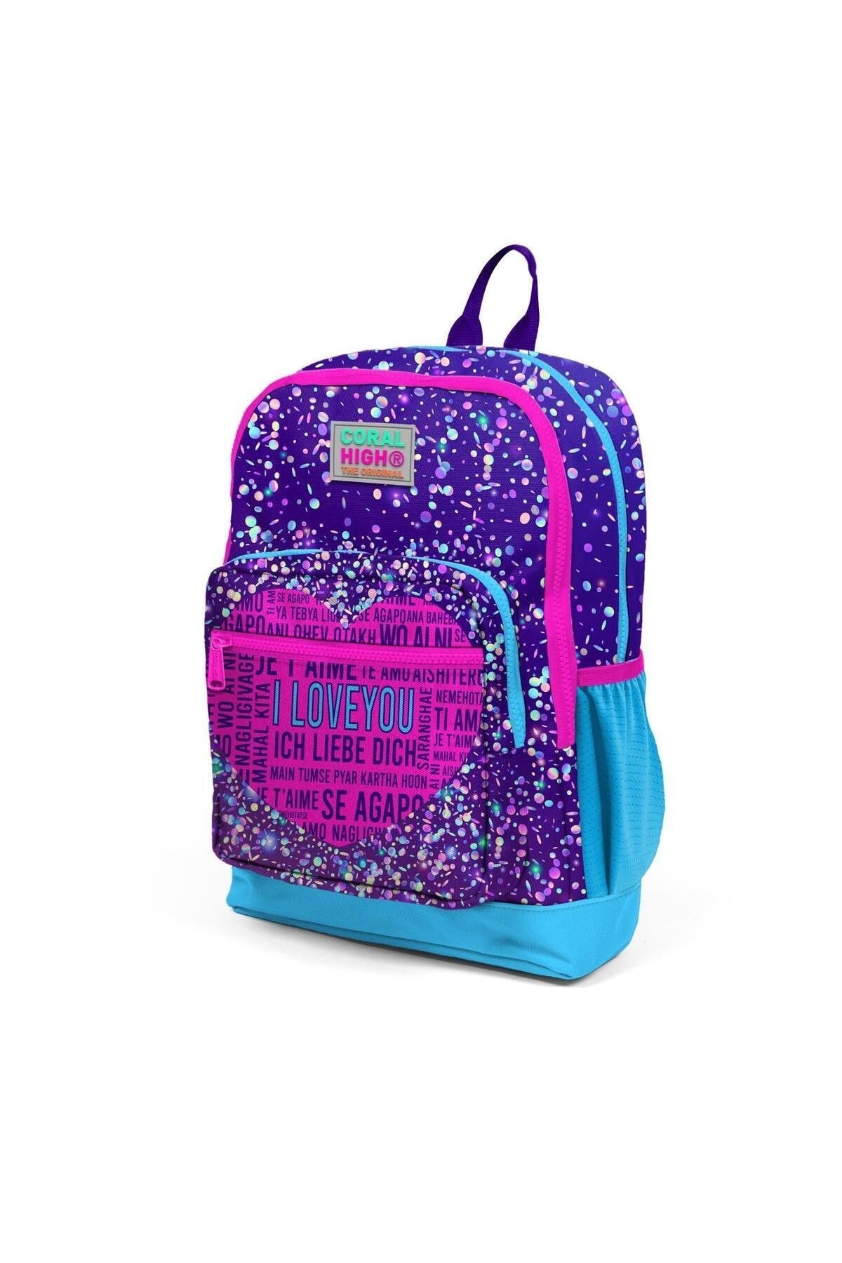 Kids Purple Blue Pink Heart Patterned 3-Pack School Bag Set