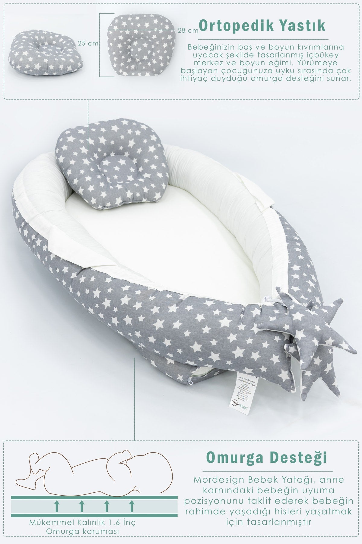 Orthopedic Baby Mattress, Pique And Stroller Accessories Set Of 6, Gray Color Stars Pattern