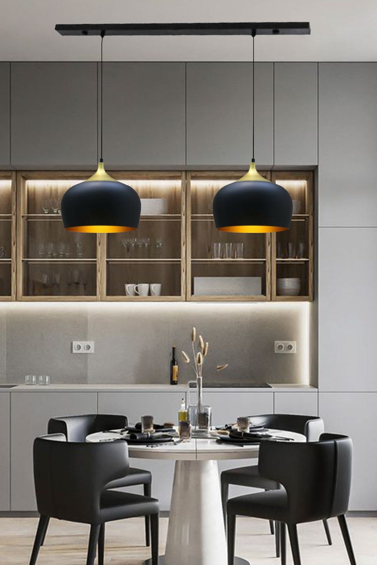 Double Wide Circle Black Pendant Lamp For Dining Table Living Room Kitchen Hall Hotel Showroom