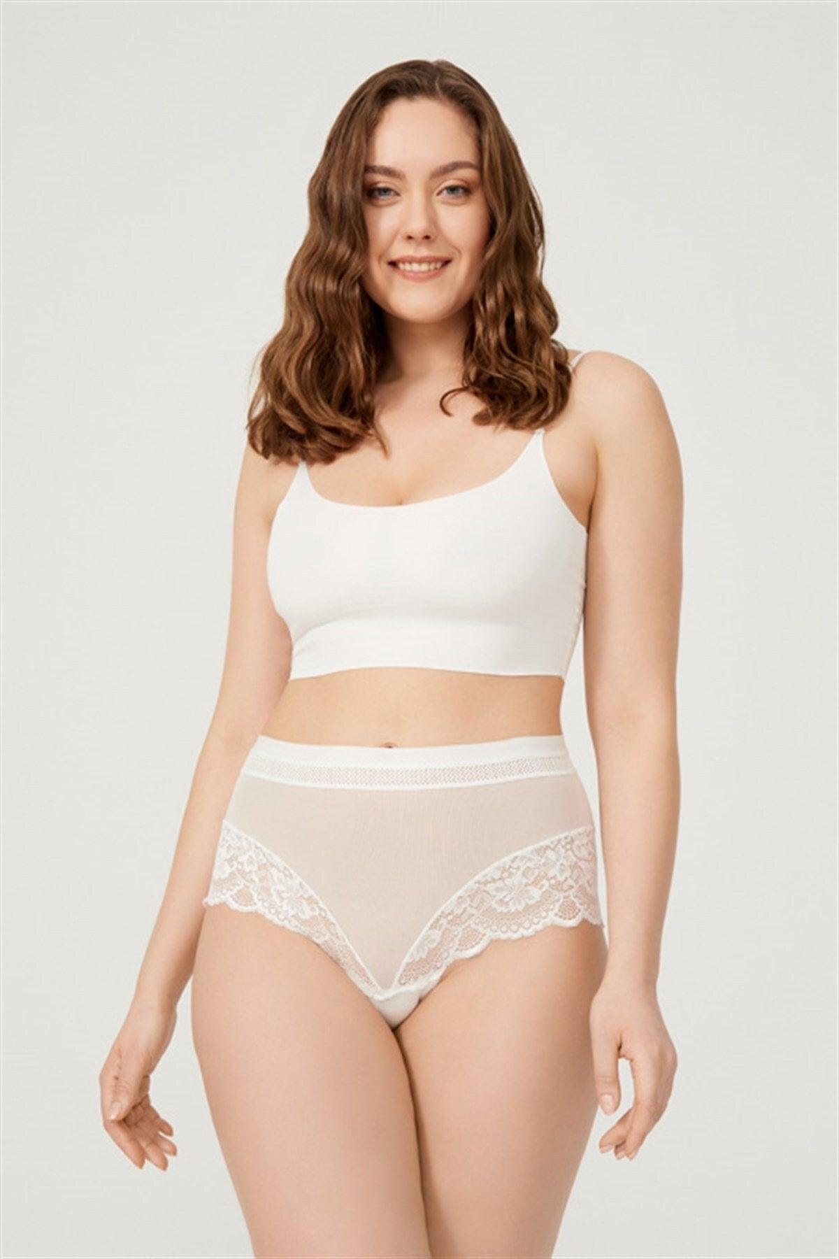 Cream Lace Detailed Transparent Plus Size Bikini Panties - Swordslife