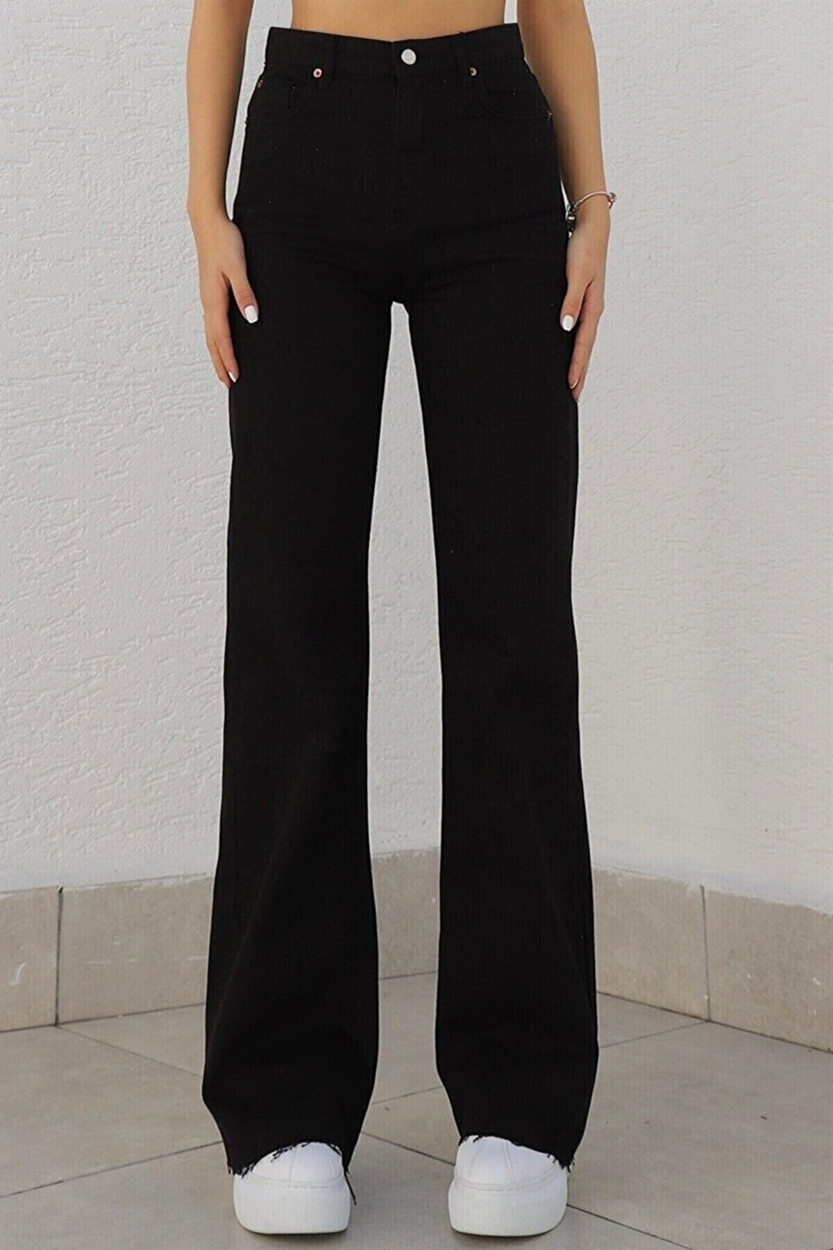 Black Lycra 90's Super High Wide Leg Denim Palazzo Trousers - Swordslife