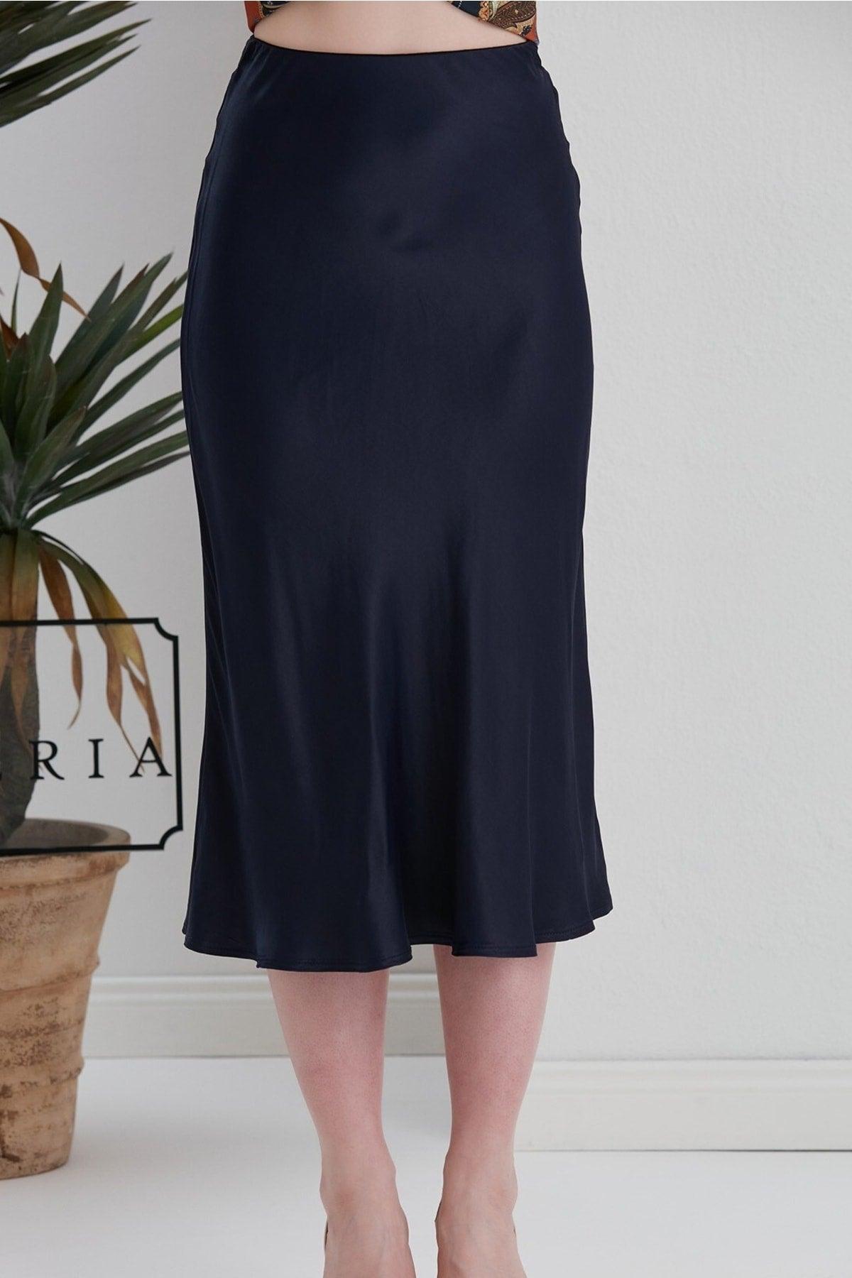 Inverted Viscose Satin Fabric Dark Navy Blue Midi Length Skirt - Swordslife