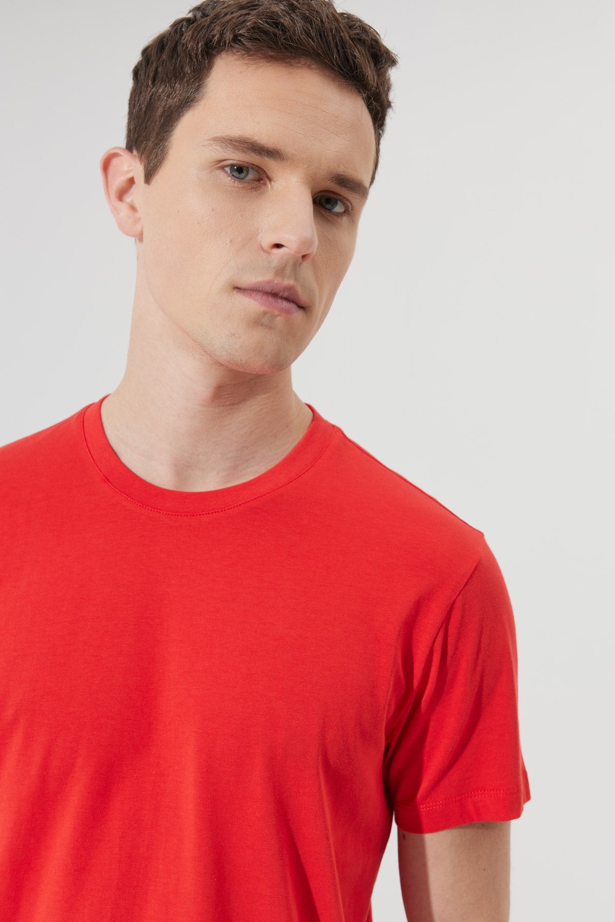 Men'S Red 100% Cotton Slim Fit Slim Fit Crew Neck Short Sleeved T-Shirt