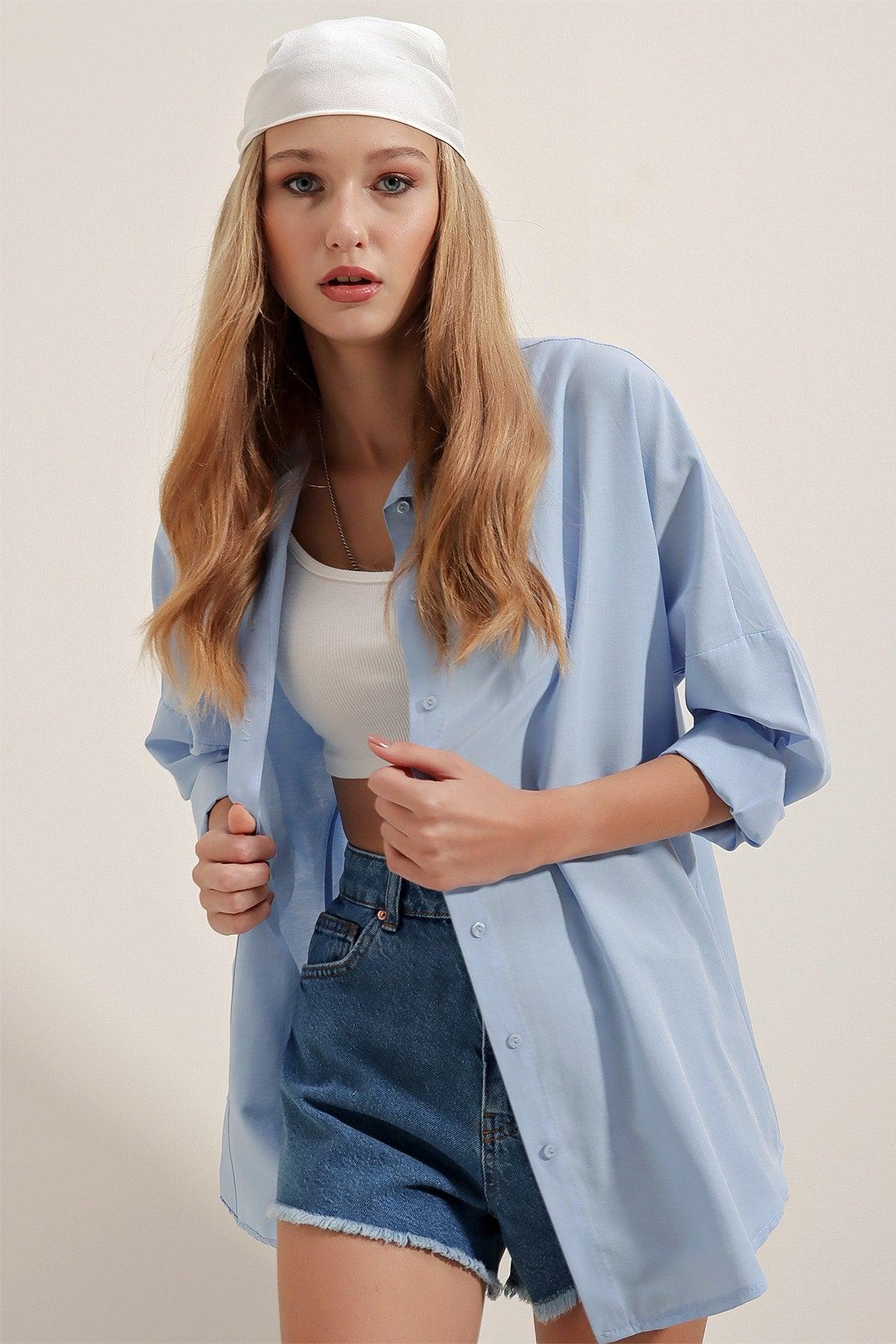 3900 Oversize Long Basic Shirt - Blue - Swordslife