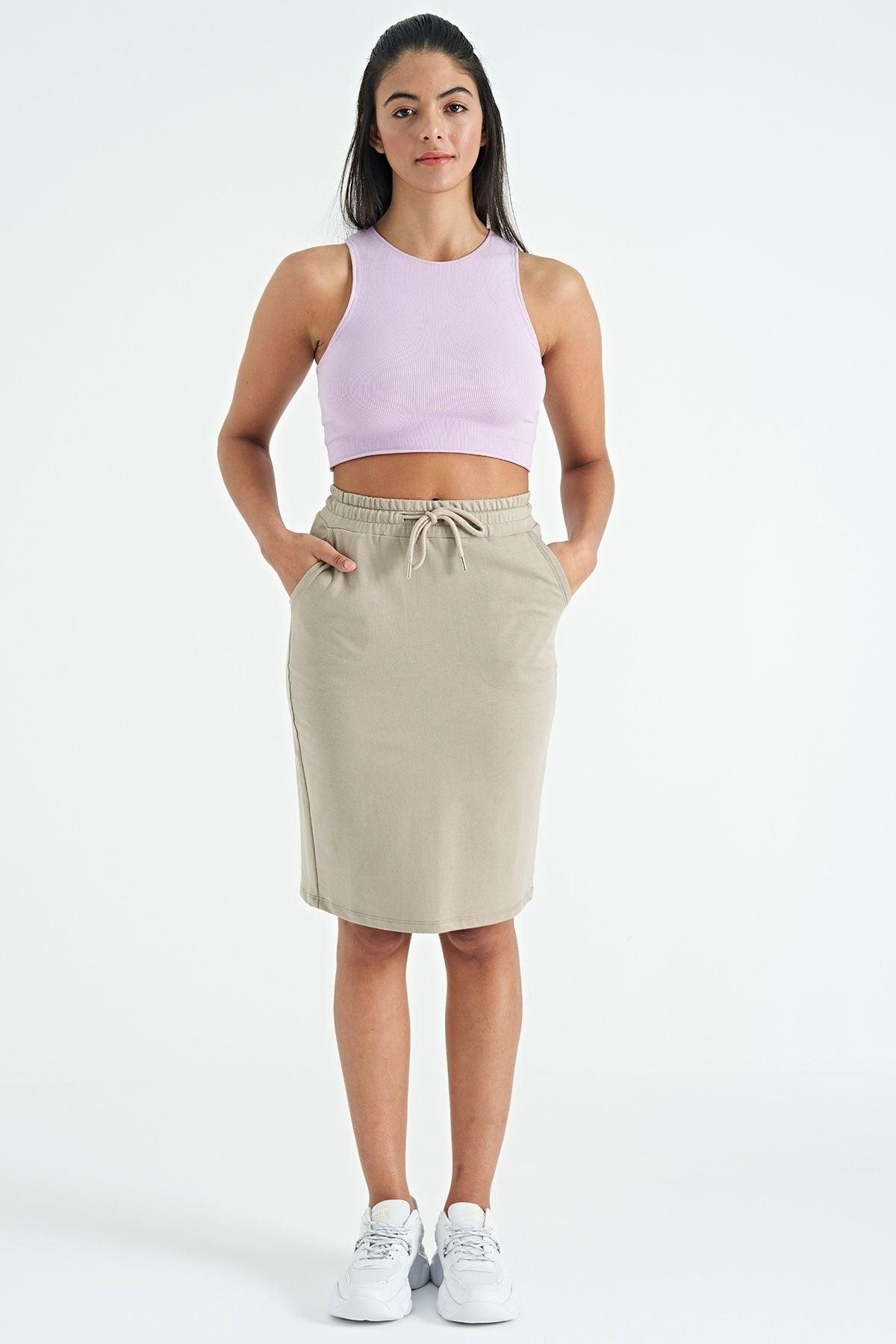 Dark Beige Women's Knee Length Pencil Skirt With Back Slit Side Pocket Detail - 02276 - Swordslife