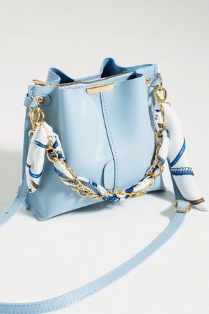 Women'S Baby Blue Scarf Chain Accessory Soft Leather 3-Compartment Hand, Arm And Shoulder Bag
