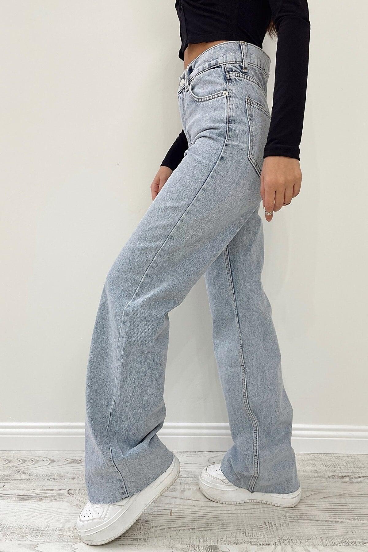 White Chocolate Ice Blue Snow Wash Lycra Super High Waist Loose Jean Palazzo Trousers - Swordslife