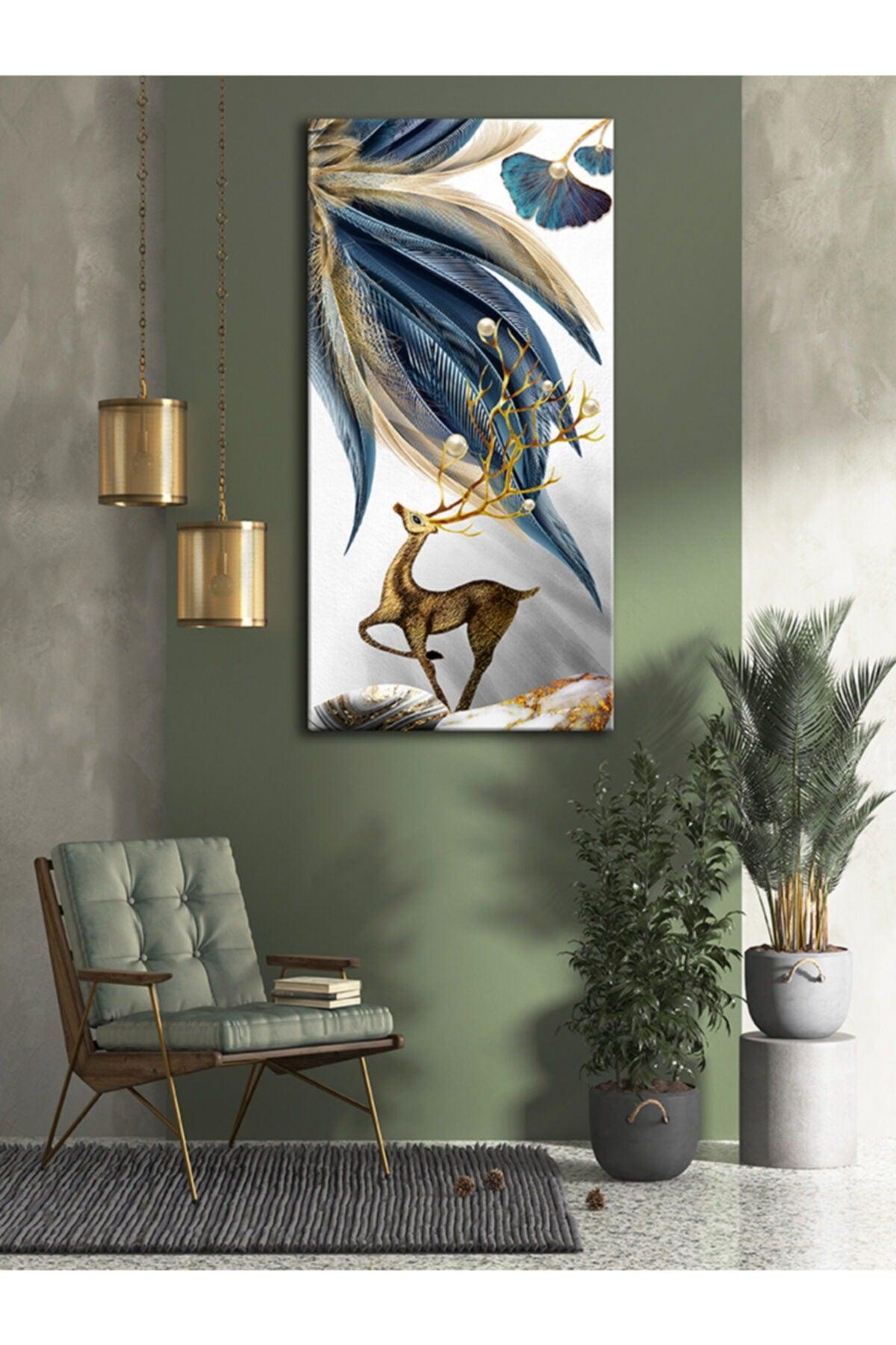 Decorative Bird Feathers And Gold Deer Canvas Painting - Voov329 - Swordslife