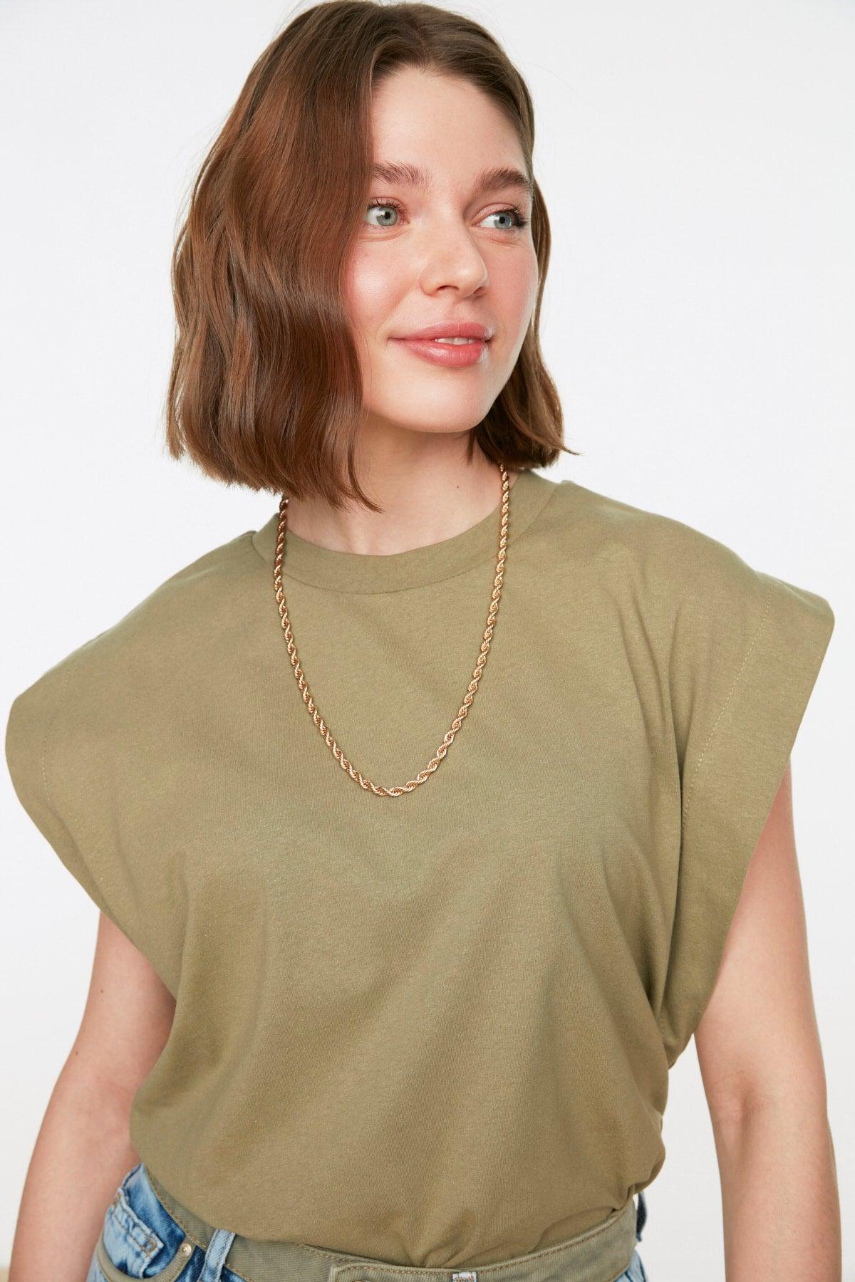 Khaki 100% Cotton Wadding Look Basic Crew Neck Knitted T-Shirt TWOSS20TS0021 - Swordslife