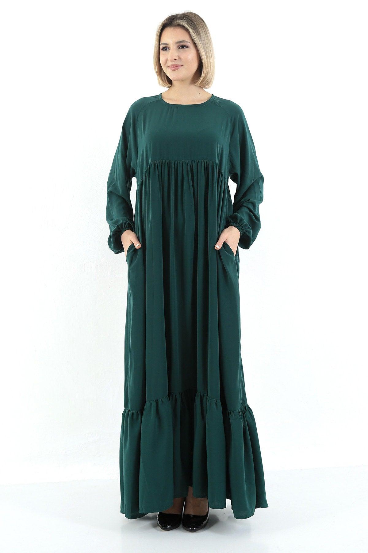 Emerald Green Crew Neck Relaxed Fit Elastic Sleeve Side Pockets Pleated Robe Dress - Swordslife