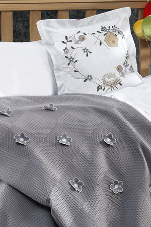 5 Pieces 100% Cotton, 3D Flower And Bird Patterned Cemre Gray Baby Duvet Cover Set
