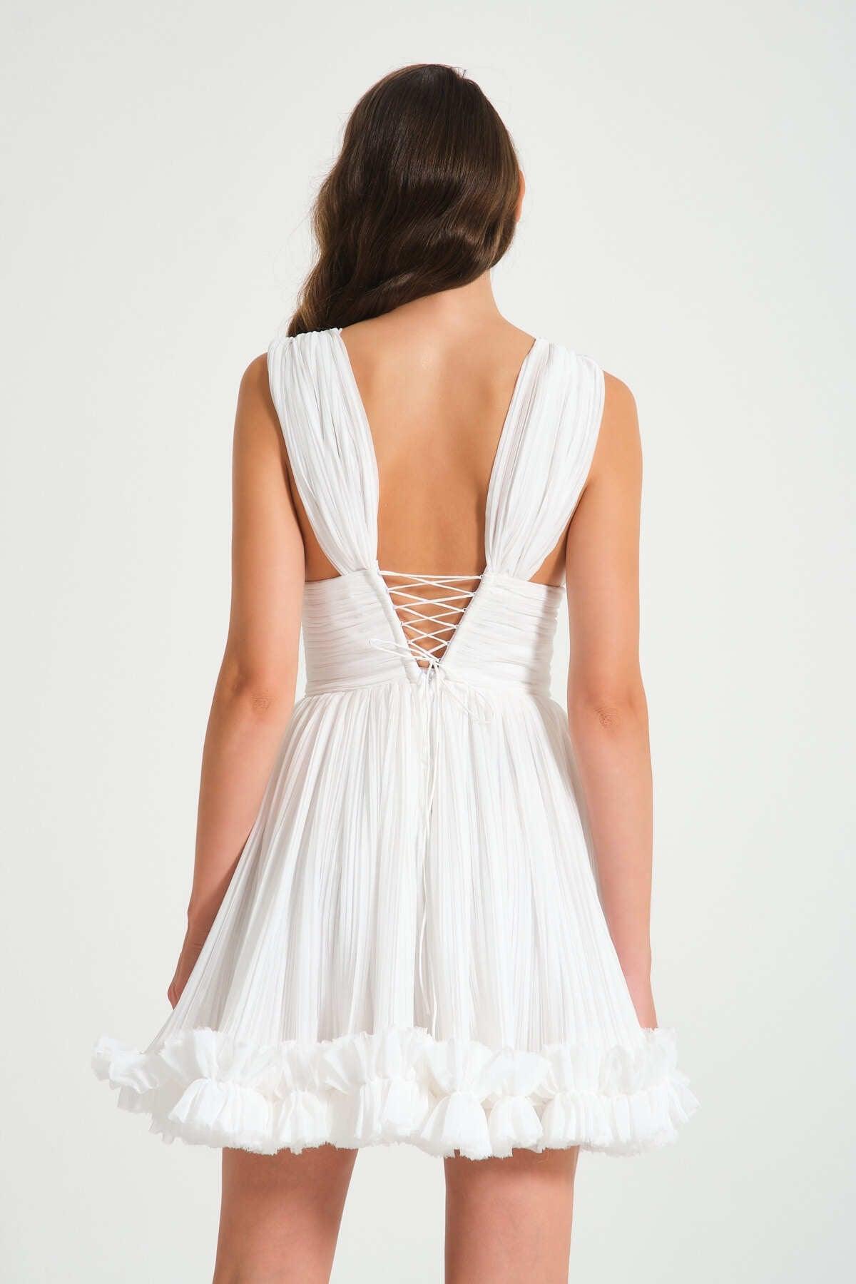 Lotus White Pleated Chiffon Frilly Mini Dress - Swordslife