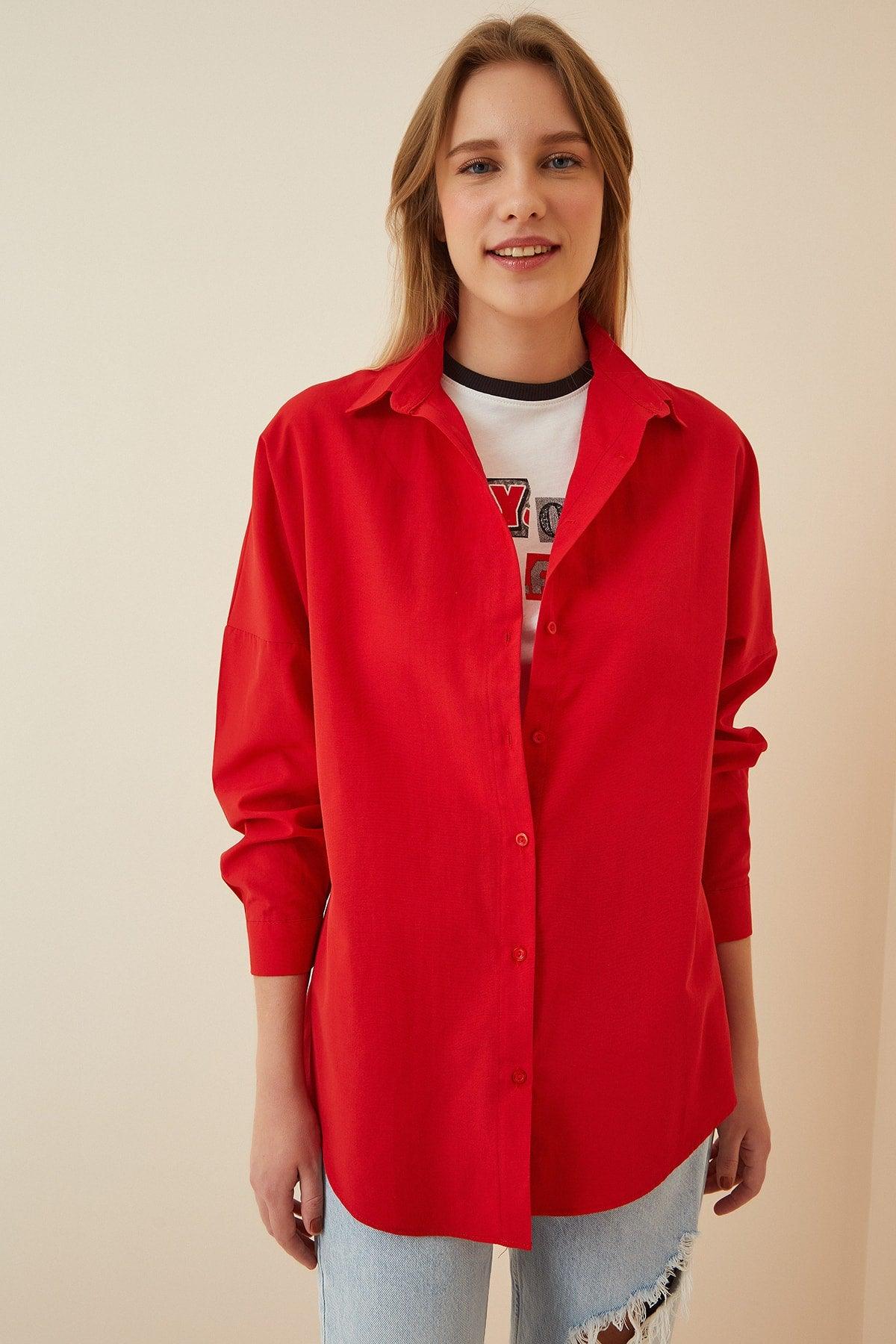 Women's Red Oversize Long Basic Shirt DD00842 - Swordslife