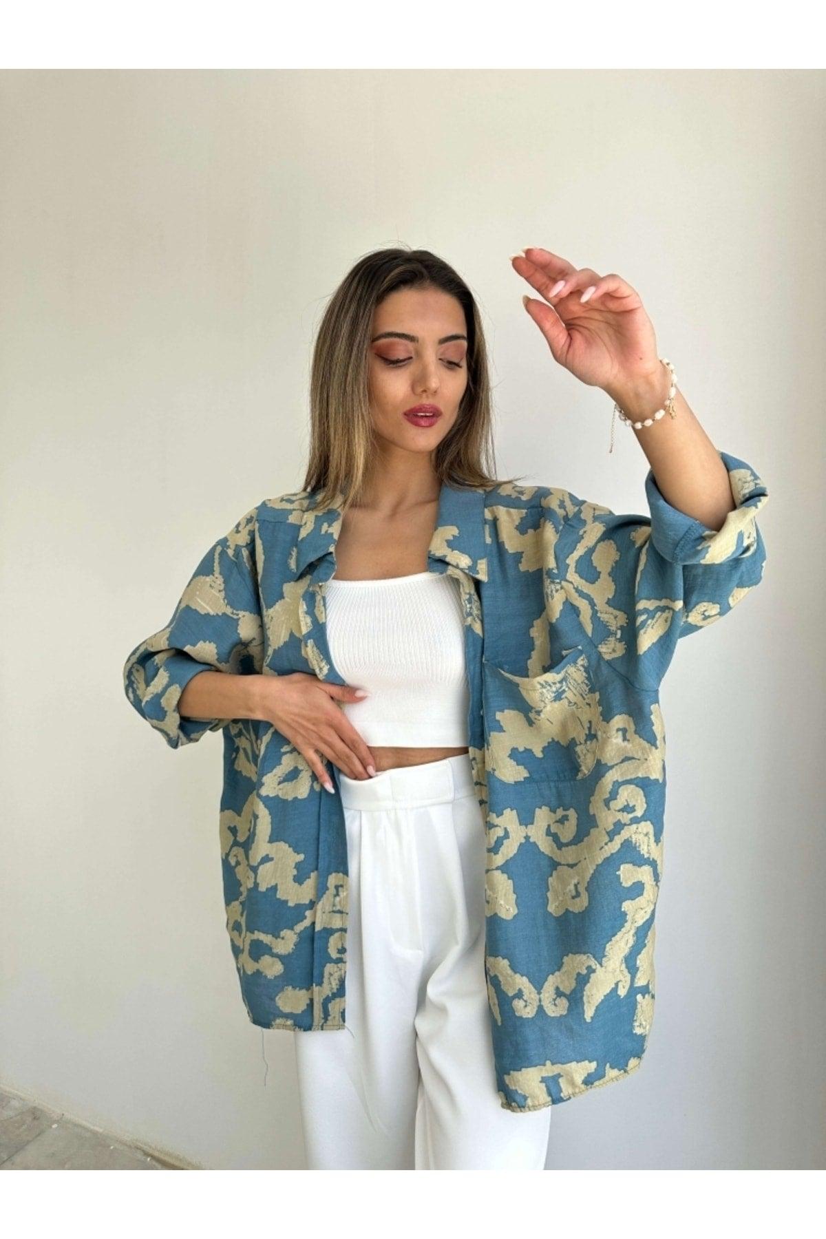 Petrol Blue Patterned Off Shoulder Oversize Shirt - Swordslife