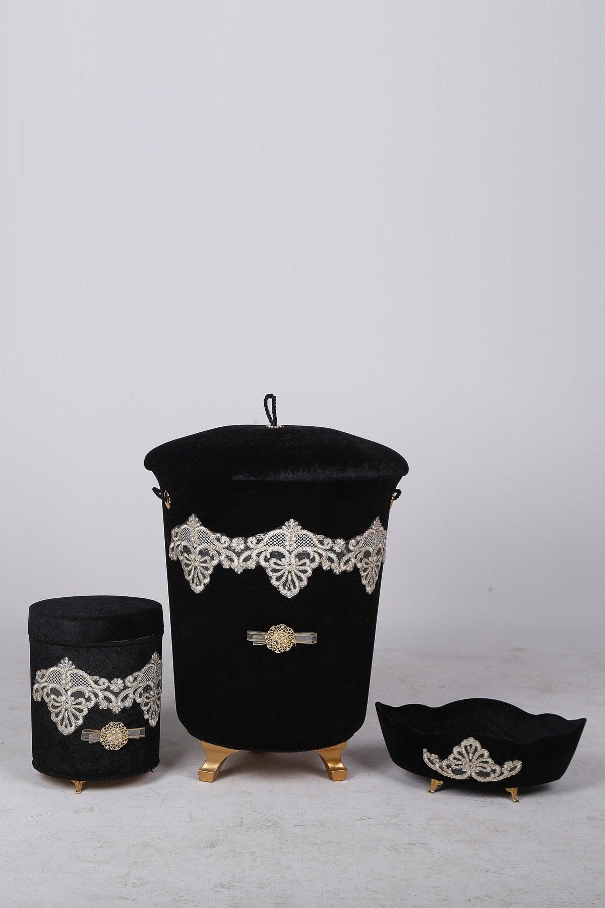 Golden Black 3 Piece Velvet Dowry Lacy Bathroom Dirty Laundry Basket Set - Swordslife