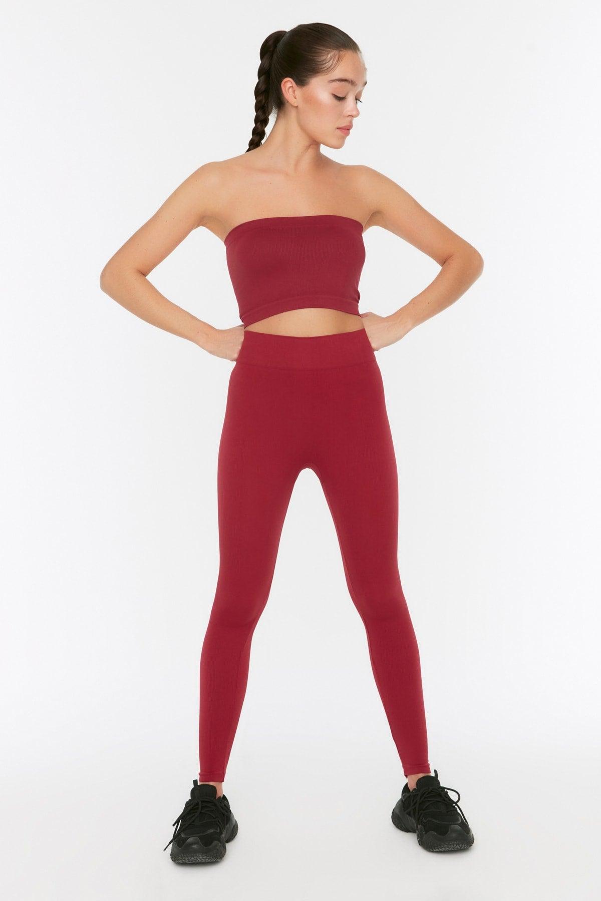 Burgundy Seamless/Seamless Ribbed Full Length Sports Leggings TWOAW20TA0071 - Swordslife