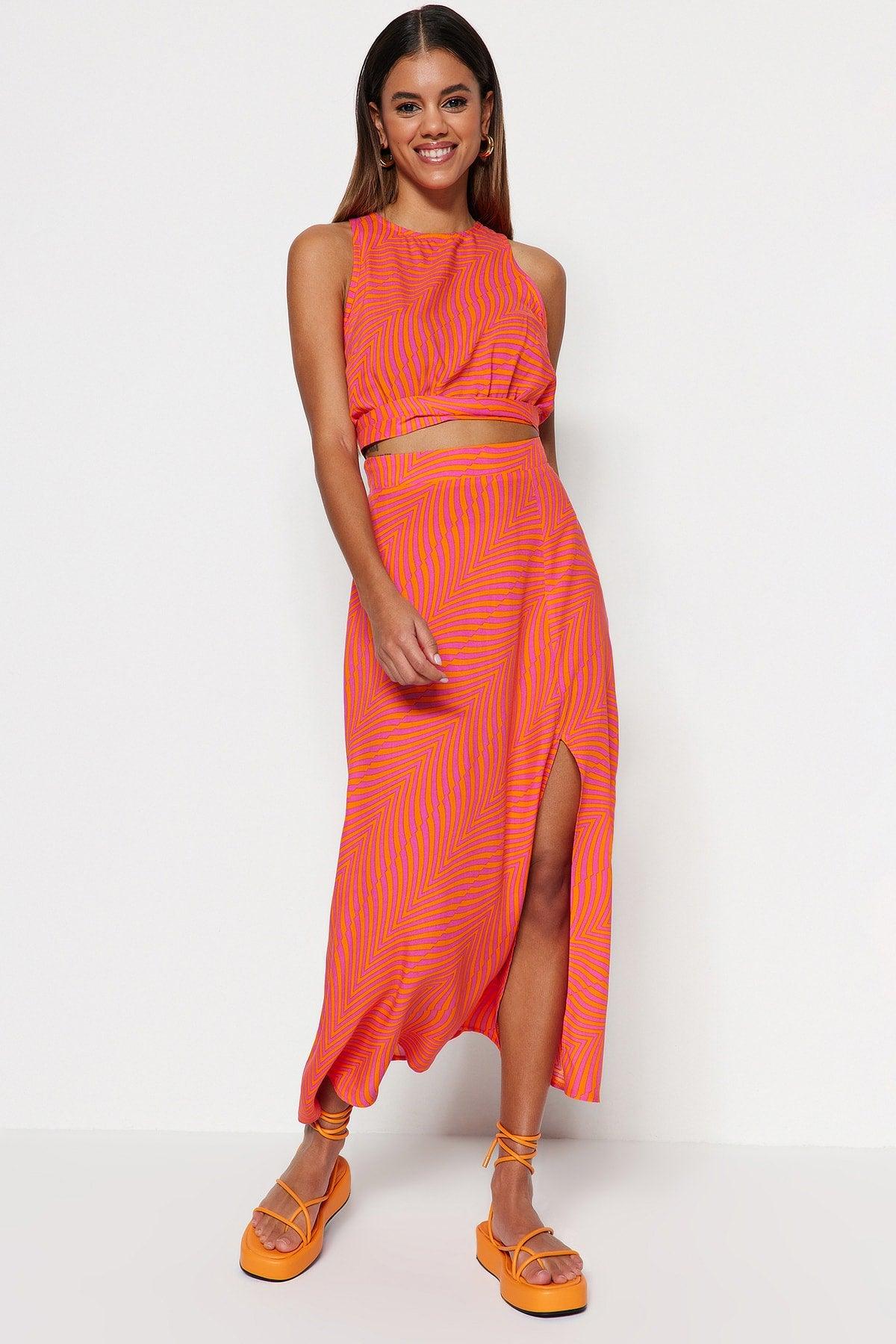 Orange Midi Woven Slit Detailed Viscose Fabric Geometric Patterned Skirt TWOSS23ET00017 - Swordslife